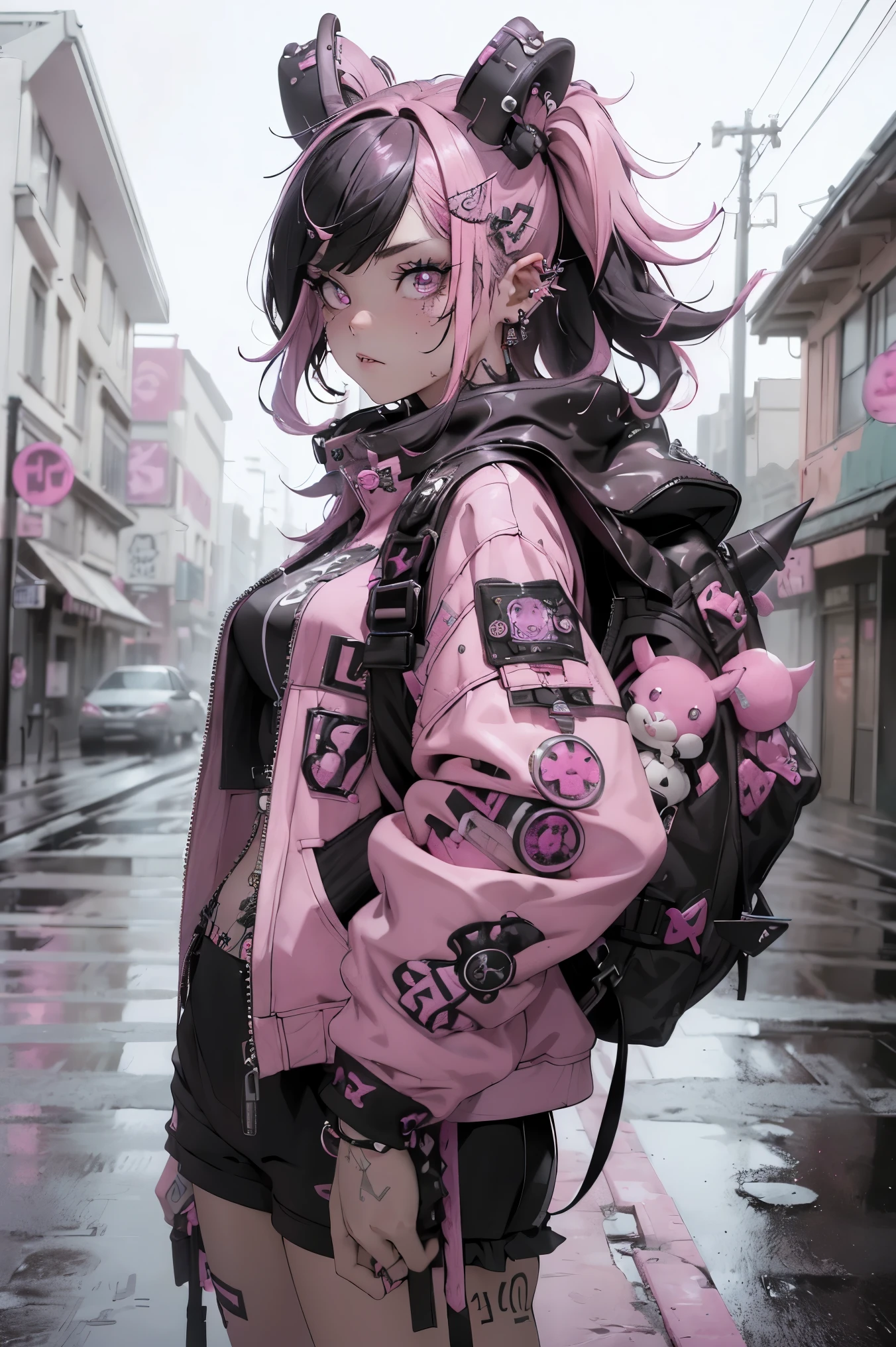 (highest quality、8k、32K、masterpiece、nffsw:1.3)、(Photoreal:1.4),(shoot from front,looking at viewer:1.5)、18-year-old punk girl,eccentric punk hair,((pink and black punk fashion:1.5)),clothes with studs、(1 holding a stuffed crazy bunny in his left hand.5)、black backpack on the back、（bright black and pink hair:1.5）,Wacky makeup、、dark background、Desolate city in the rain、puddle on the road、(cinematic lighting)、Depth of the bounds written,blurred background、