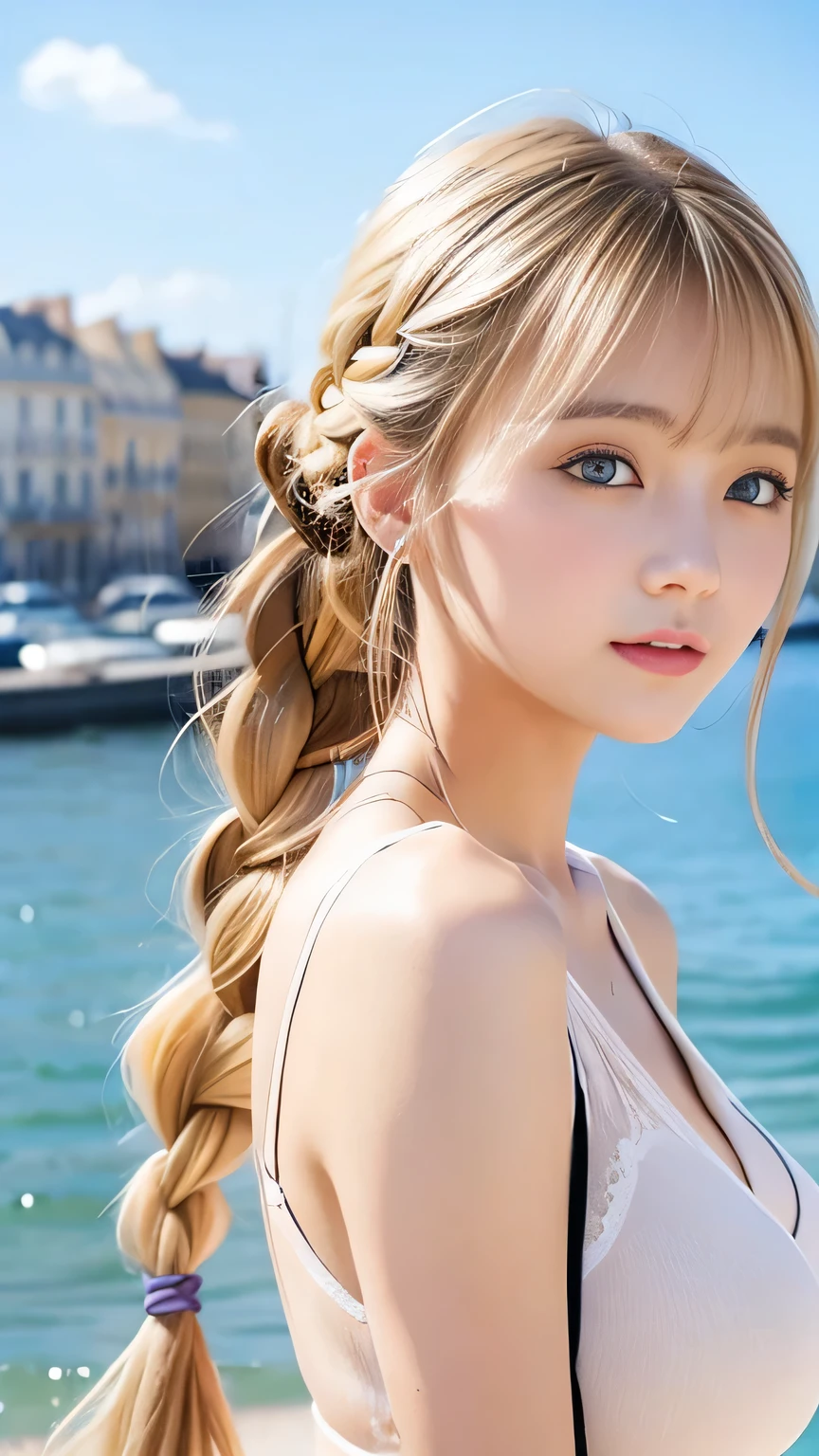 Sexy Big 、Sexy cute looks and cute 15 year old beautiful girl, beautiful and sexy face、A strong wind blows my hair in front of my face、beautiful long blonde French braided hair、beautiful, Cute and sexy eyes hidden behind long bangs