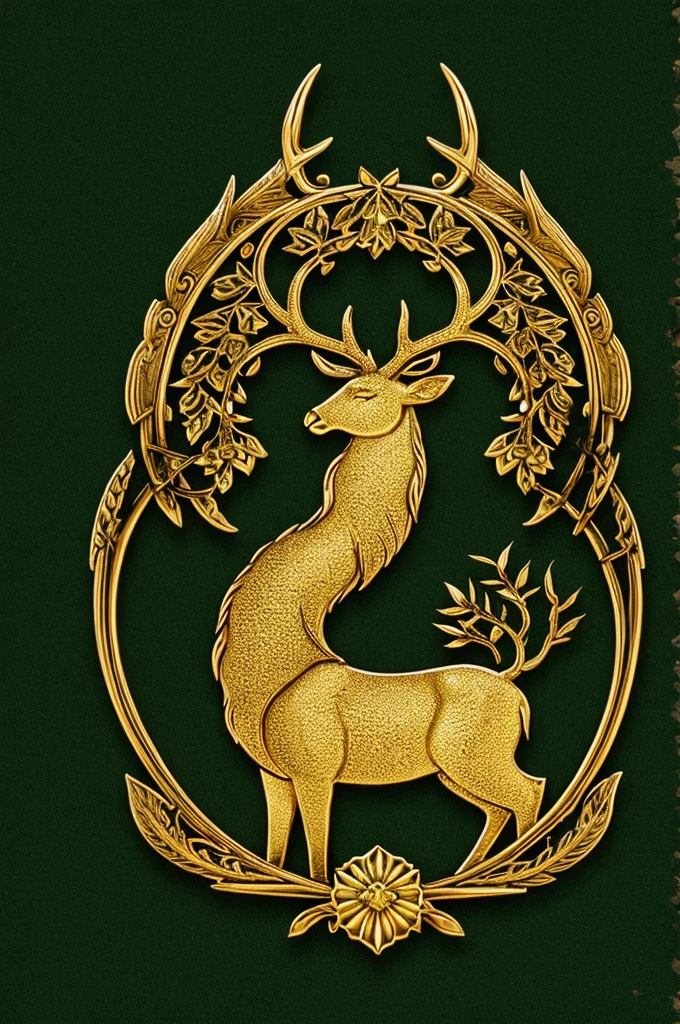 A luminous golden deer stands as the central figure in a clan logo, set against a verdant green background and accompanied by the text "The Last Human" below. This emblem represents the paramount alliance of the clan. The majestic deer shines with a radiant golden hue, its antlers branching gracefully towards the sky. The intricate details of the logo suggest a painting of exquisite quality, with the colors rich and vibrant and the overall composition striking and impactful. This emblem exudes a sense of grandeur and power, capturing the essence of unity and strength within the clan it represents.