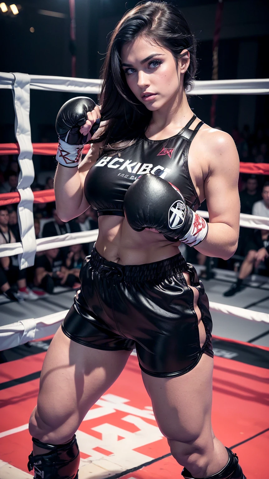 Beautiful chic Caucasian bombshell, sexy attractive face, ((black boxing shorts:1.3)), ((sexy boxing shorts:1.3)), ((boxing boots)), ((jet-black hair)), ((full breasts)), ((thick muscular legs:1.5)), ((full body portrait)),
