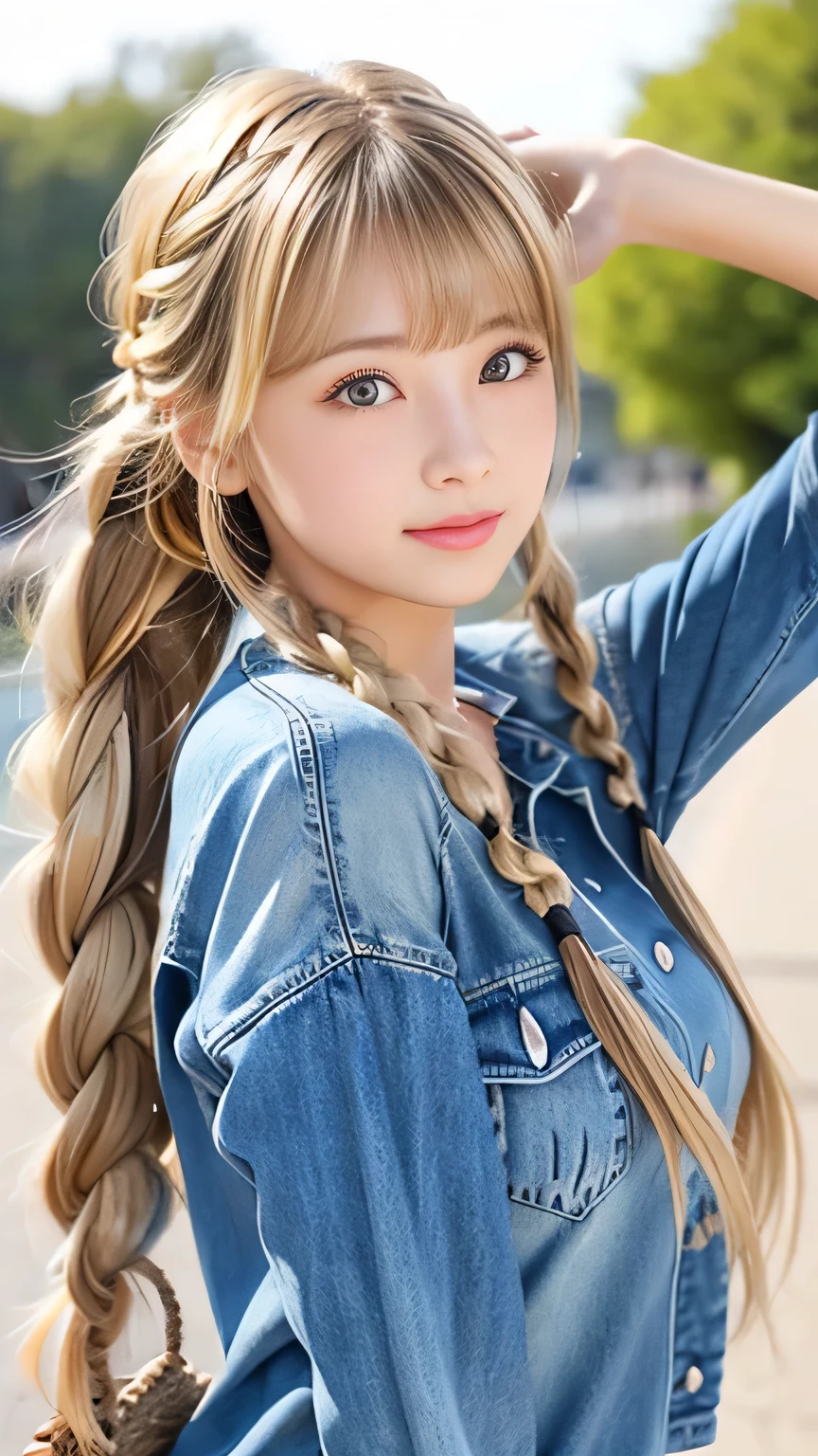 Sexy Big 、Sexy cute looks and cute 15 year old beautiful girl, beautiful and sexy face、A strong wind blows my hair in front of my face、beautiful long blonde French braided hair、beautiful, Cute and sexy eyes hidden behind long bangs