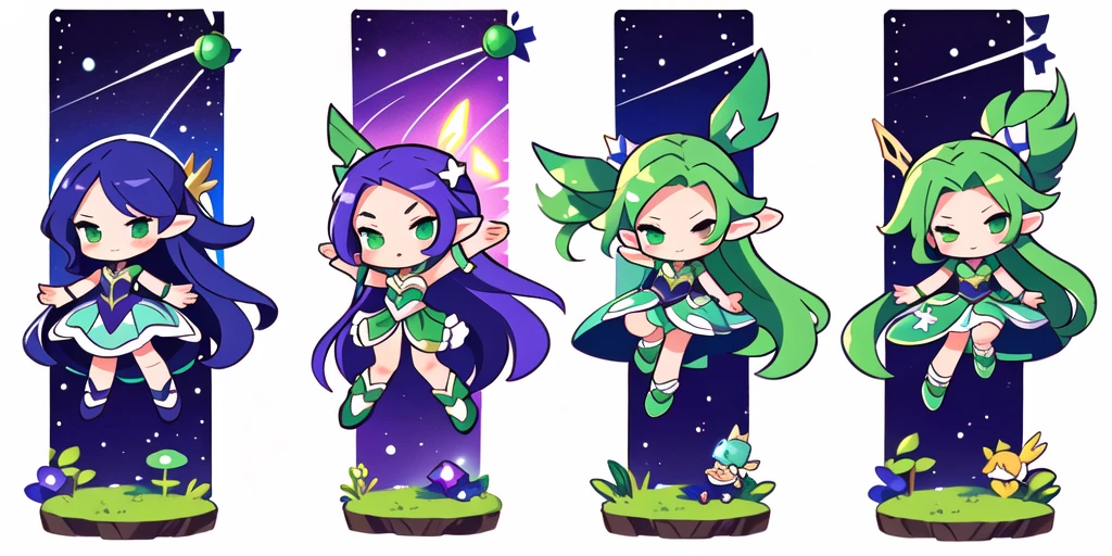 a close up of a cartoon character with different poses, spritesheet, sprite sheet, with familiar sprites, sprites, fairy girl, morgana, default pose neutral expression, twirling, sprite 2 d, shady, green fairy, smol, multiple poses, cute chibi, kawaii