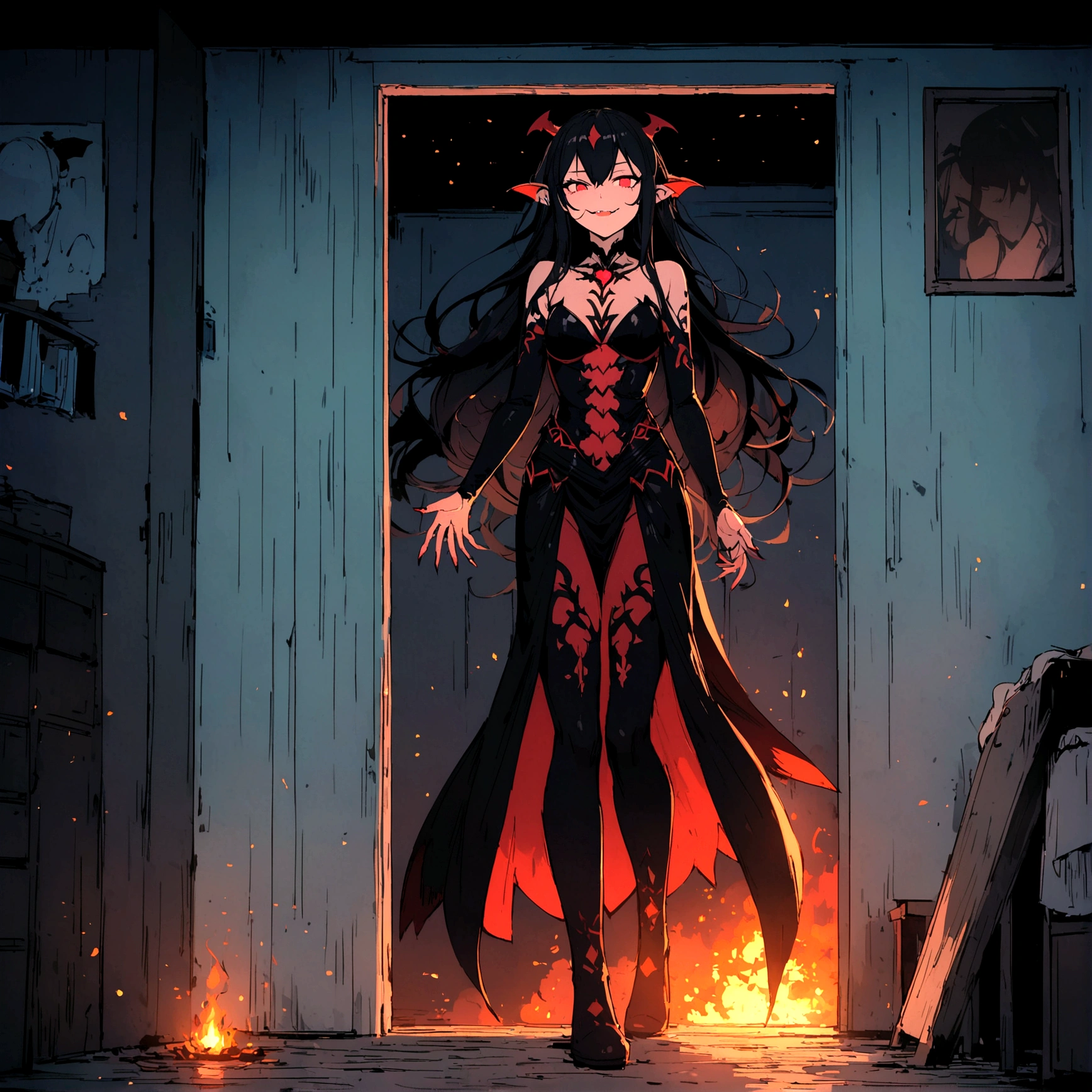 anime beautiful demon women, shark teeth, long hair, night, standing in the corner of someone's room, eyes like embers, wicked smile, detailes, 4k, dark, full body