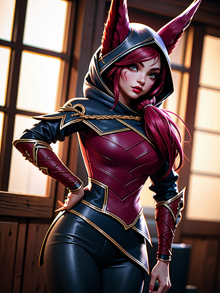 1 girl, 3d, afterimage, rote Haar, breasts, pull clothes, Animal ears, (xayah Hoodie), (xayah Cape), Cowboy-shot, contrasting sleeves, looking down at viewer, Head out of frame, xayah (League of Legends), lips, Long hair, medium breasts, alone, tight attire, tight Hose