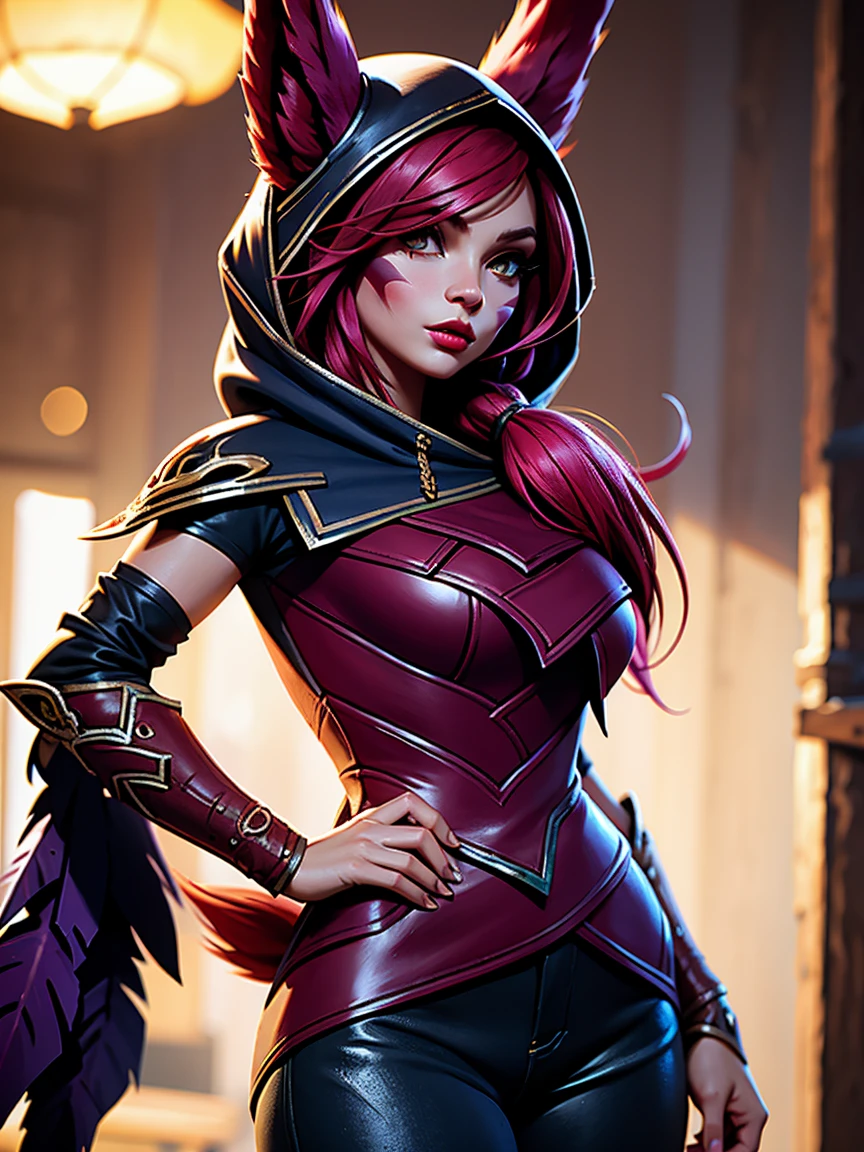 1 girl, 3d, afterimage, rote Haar, breasts, pull clothes, Animal ears, (xayah Hoodie), (xayah Cape), Cowboy-shot, contrasting sleeves, looking down at viewer, Head out of frame, xayah (League of Legends), lips, Long hair, medium breasts, alone, tight attire, tight Hose