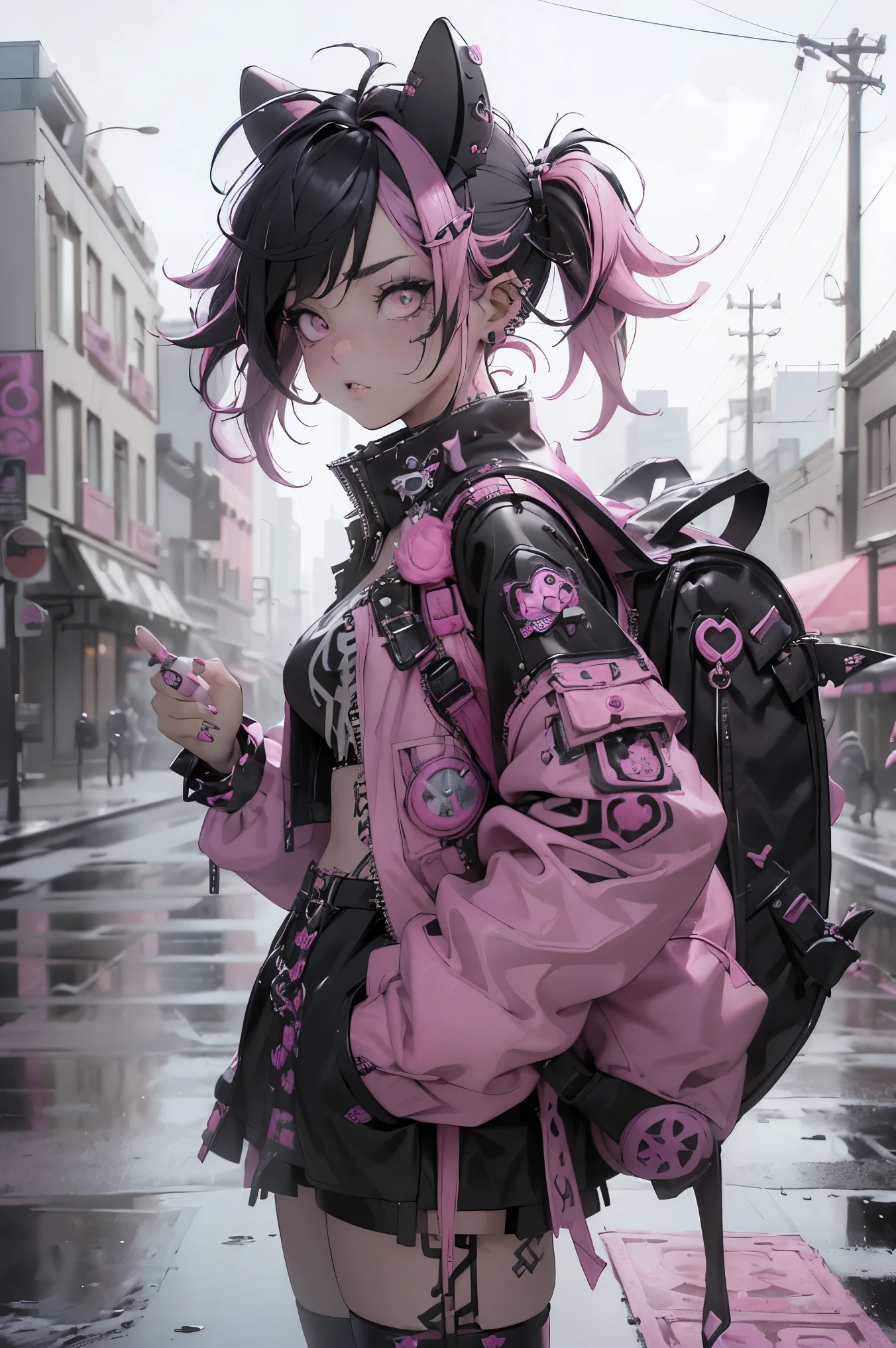 (highest quality、8k、32K、masterpiece、nffsw:1.3)、(Photoreal:1.4),(shoot from front,looking at viewer:1.5)、18-year-old punk girl,eccentric punk hair,((pink and black punk fashion:1.5)),clothes with studs、(1 holding a stuffed crazy bunny in his left hand.5)、black backpack on the back、（bright black and pink hair:1.5）,Wacky makeup、、dark background、Desolate city in the rain、puddle on the road、(cinematic lighting)、Depth of the bounds written,blurred background、