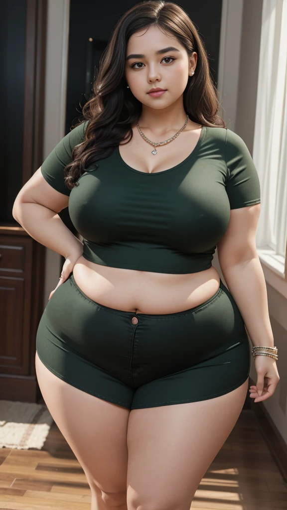 ((best quality)), ((masterpiece)), (detailed), perfect face, araffe woman in a long dark green shirt and 1/3 white denim skirt walking in black room , thicc,  wavy  short hair , she has a jiggly fat round belly, bbwchan, wearing tight simple clothes, skinny waist and thick hips, widest hips, her belly is fat and round, soft curvy shape, hyperrealistic full figure, wearing a cute top, wide hips, wearing 10 bracelet , wearing huge diamond necklace , slightly fat cheeks 