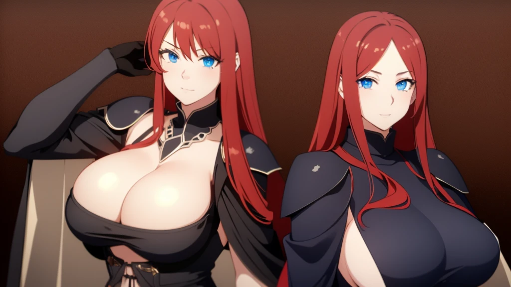 1 Girl, blue eyes, long hair, red hair, ahoge, huge breasts, wearing a black armor, huge gothic castle background