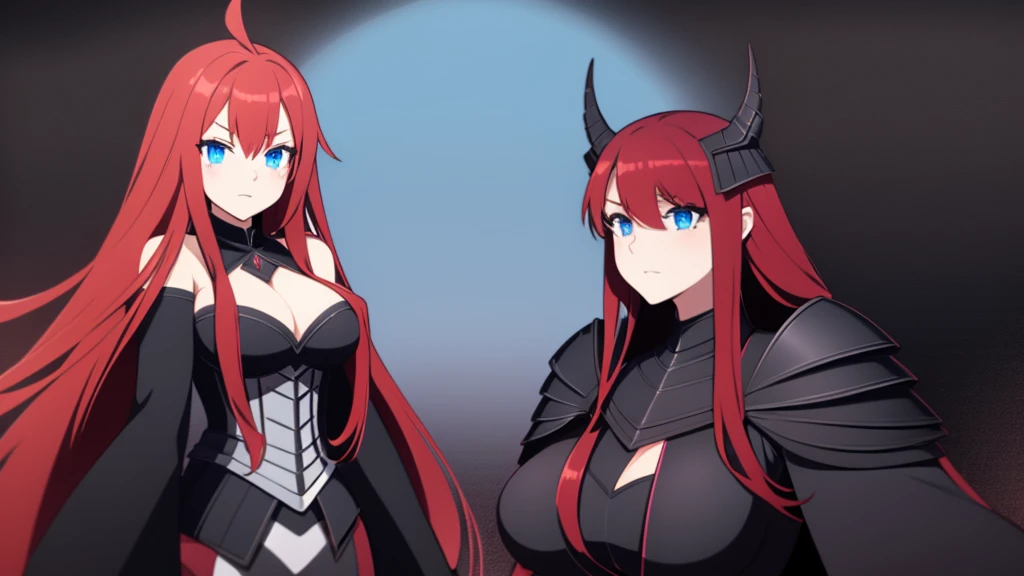 1 Girl, blue eyes, long hair, red hair, ahoge, huge breasts, wearing a black armor, huge gothic castle background