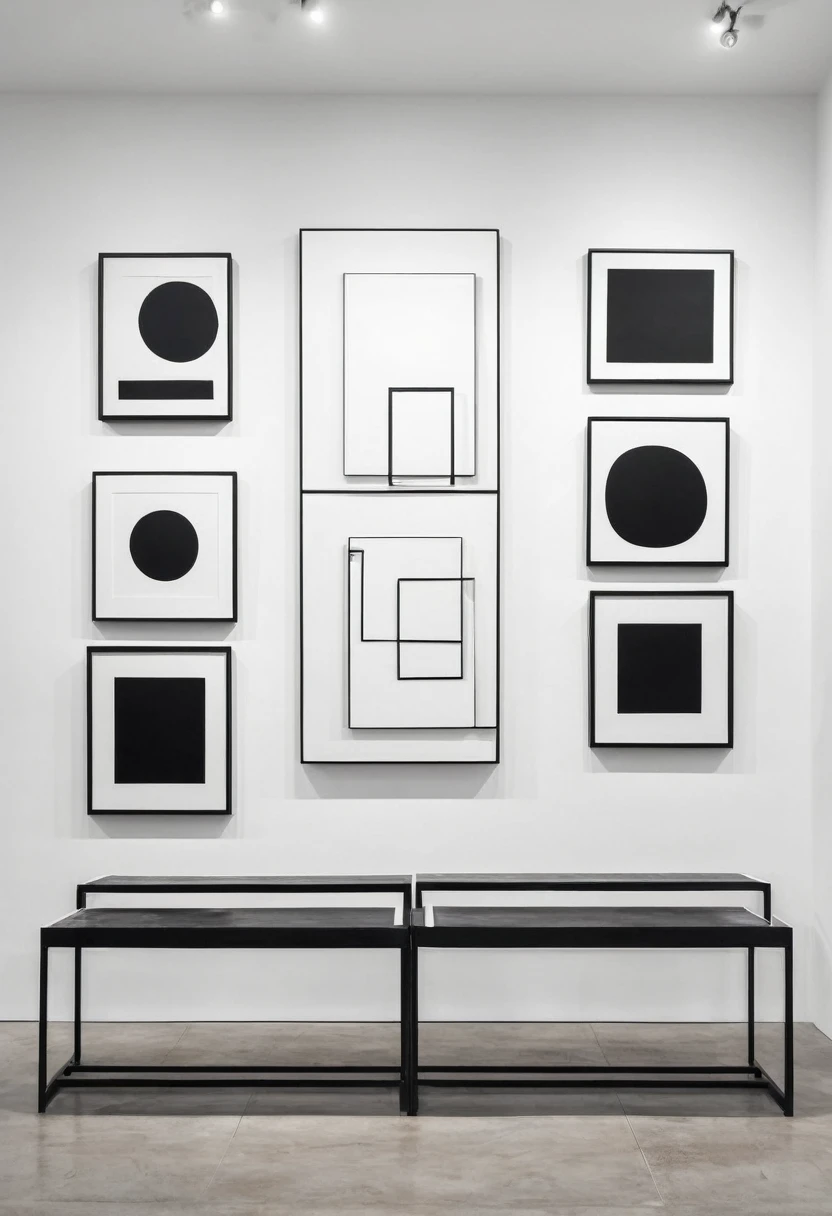 white wall of a modern art store with symmetrically arranged abstract black and white paintings