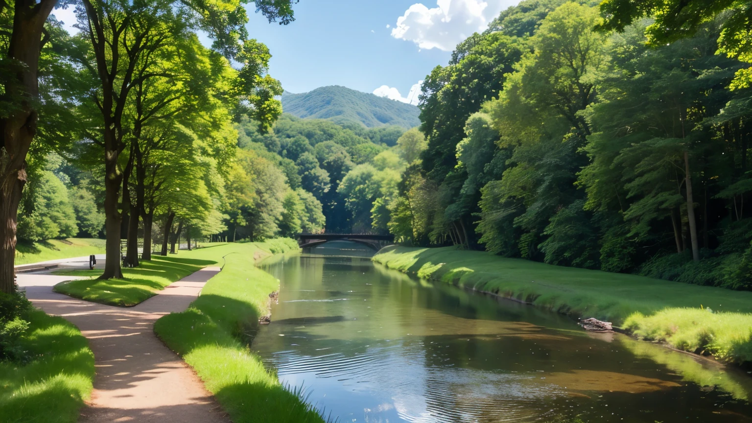 ((Highest quality)), ((masterpiece)), (detailed), A picturesque, tranquil scene of a river winding through a lush, green forest. The river's surface reflects the surrounding trees and the blue sky above. The pathway along the riverbank is shaded by the trees, creating a serene and peaceful atmosphere. In the background, gently rolling hills can be seen under a clear, bright sky. The entire scene should evoke a sense of calm and natural beauty, perfect for a relaxing and meditative environment.
