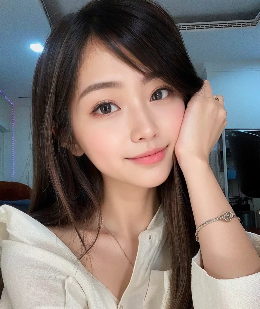 (best quality,8k,highres,masterpiece:1.2), realistic, photorealistic:1.37, UHD, studio lighting, sharp focus, extreme detail description, professional, vivid colors, bokeh, portraits, extremely detailed face texture, beautiful detailed eyes, beautiful detailed lips, extremely detailed hair, dark colored hair, youthful appearance, medium round breast, cleavage, proportional eyes, seducing smile, clean and natural face, no makeup, bare face, indonesian face,