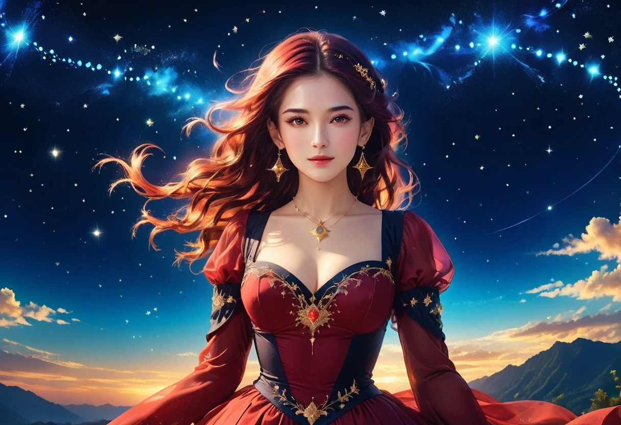 a portrait of an astrologer looking at libra constellation in the night sky, an extraordinary beautiful woman, there is magic in her eyes divining the future from the Libra constellation, dynamic hair color, dynamic hair style, wearing an intricate red dress decorated with glowing stars, she looks to the night sky seeing the ((Libra constellation in the sky: 1.5)), vibrant, Ultra-high resolution, High Contrast, (masterpiece:1.5), highest quality, Best aesthetics), best details, best quality, highres, 16k, [ultra detailed], masterpiece, best quality, (extremely detailed), Cinematic Hollywood Film, magical sky, FireMagicAI, dark novel