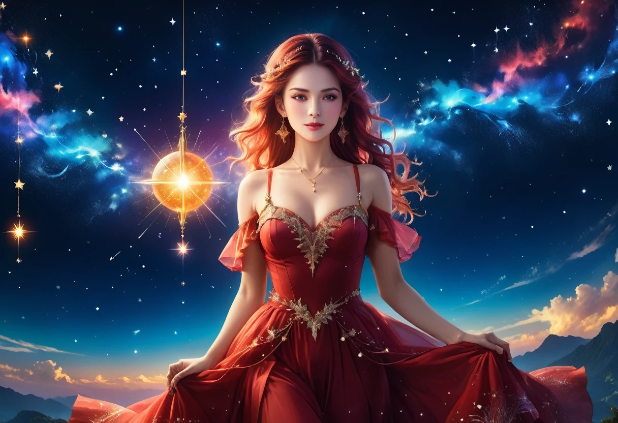 a portrait of an astrologer looking at libra constellation in the night sky, an extraordinary beautiful woman, there is magic in her eyes divining the future from the Libra constellation, dynamic hair color, dynamic hair style, wearing an intricate red dress decorated with glowing stars, she looks to the night sky seeing the ((Libra constellation in the sky: 1.5)), vibrant, Ultra-high resolution, High Contrast, (masterpiece:1.5), highest quality, Best aesthetics), best details, best quality, highres, 16k, [ultra detailed], masterpiece, best quality, (extremely detailed), Cinematic Hollywood Film, magical sky, FireMagicAI, dark novel
