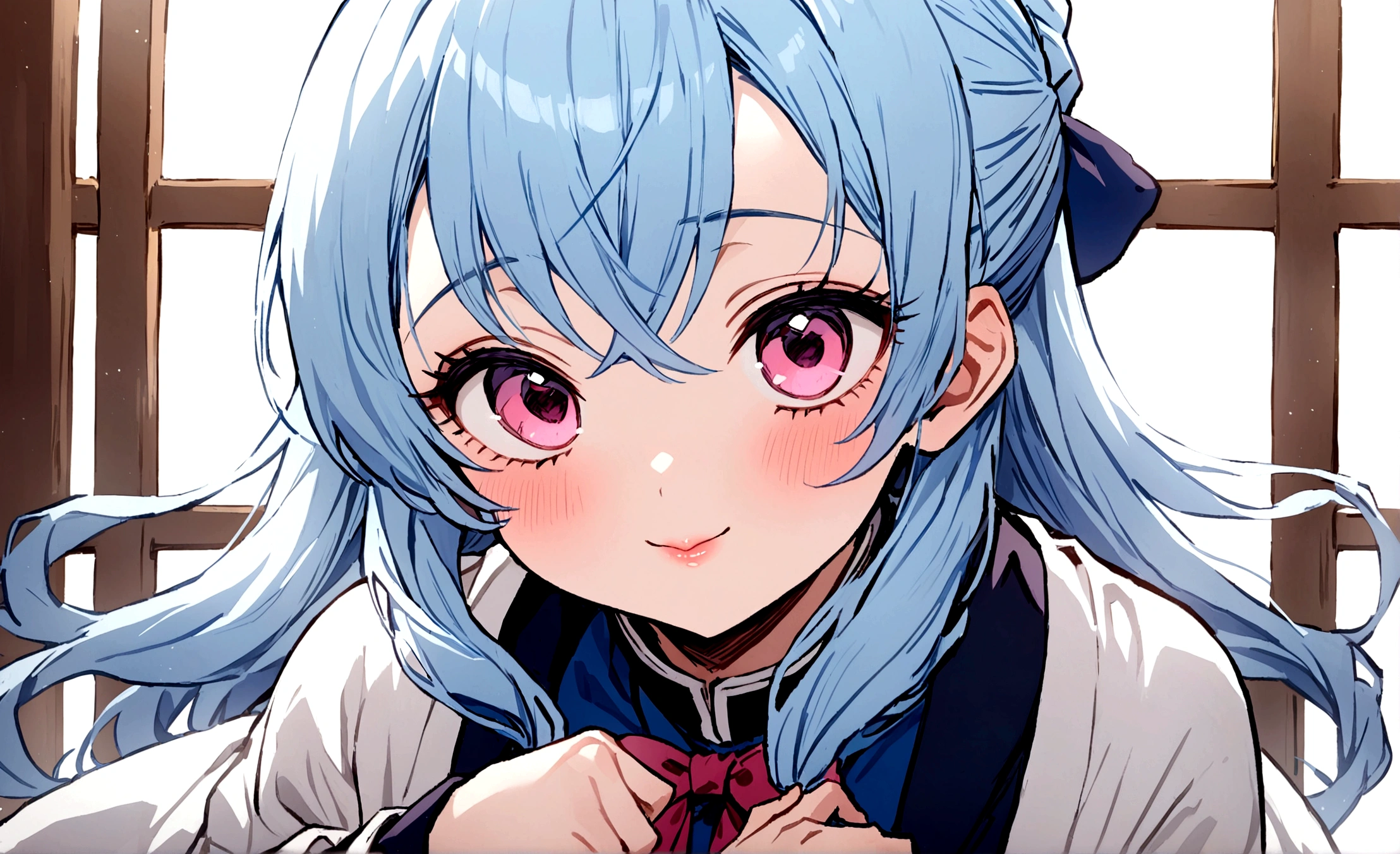 Masterpiece, Best quality, 1 girl、Kimetsu no Yaiba style、hashira blue uniform、wearing haori、light blue hair、long hair、light blue hair、smile、cute、pink eyes、pink eyes、 beautiful、lips, bow, half-tied hair、 close-up,