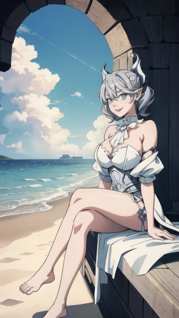 Beautiful arts wallpaper Sunset Outside castle top High level image quality best image quality 8K adult woman silver castle outside more colors whole body view portrait wearing pure white pirate dress horn ears short hair((shortcut)(gray hair)(perm)(fluffy)) eye color is blue , , attractive evil face , smile , beach , labrynth , barefoot , teasing with her breast, , sitting with crossed legs , waves