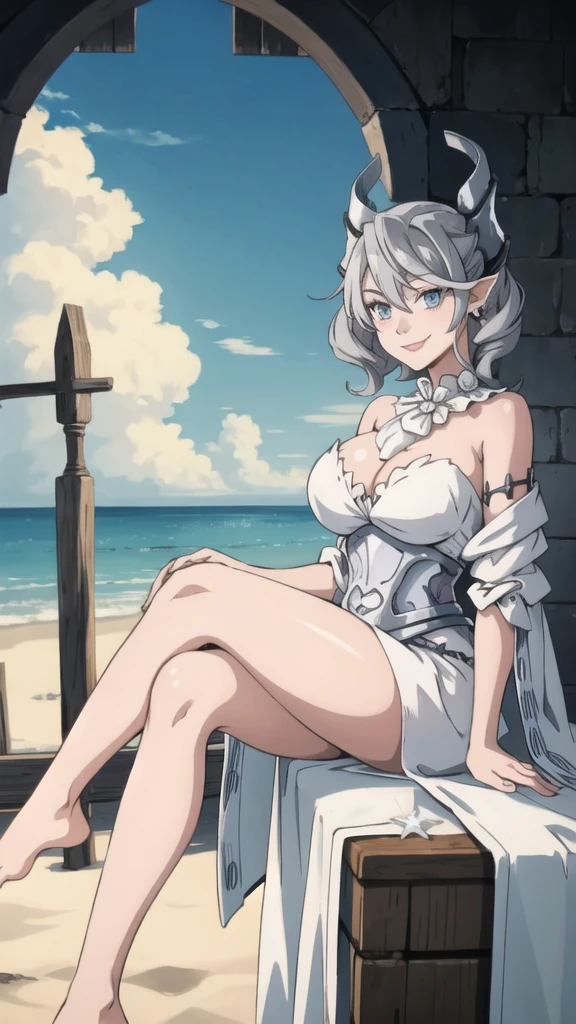 Beautiful arts wallpaper Sunset Outside castle top High level image quality best image quality 8K adult woman silver castle outside more colors whole body view portrait wearing pure white pirate dress horn ears short hair((shortcut)(gray hair)(perm)(fluffy)) eye color is blue , , attractive evil face , smile , beach , labrynth , barefoot , teasing with her breast, , sitting with crossed legs , waves