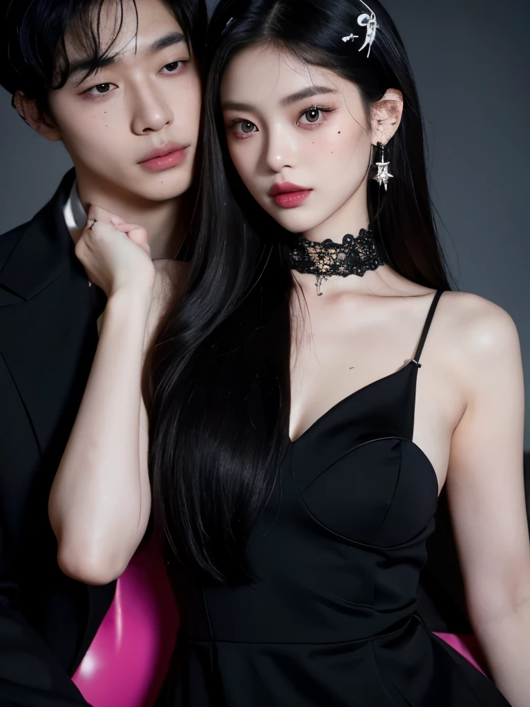 Kim Jennie with dark black hair, with curlers at the ends of dark black hair, with a star clip in her dark black hair, light colored eyes, pretty eyes, crying eyes, pretty, upturned nose, Pretty lips, pink lips, heart and cupid shaped lip, pretty skin, pale, White skin, with moles and freckles all over his face, soft pink blush on the cheeks, natural pink blush, dark and gothic makeup, Gothic Jennie, while she is with a cute boy by her side, with a cute asian boy standing next to her, while there is a man&#39;s torso, while the man&#39;His hand is on his jaw.., beautiful man&#39;s hands, with a gothic boy, nice collars, marked collar, frown, angry look, with a kiss necklace, a pretty kiss necklace, while her nipples are noticeable (big breasts, soft breasts, nice breasts, natural breasts), with a white dress, short and transparent dress, visible on the nipple, with a boy by his side, with her boyfriend, looking to the camera, autophoto