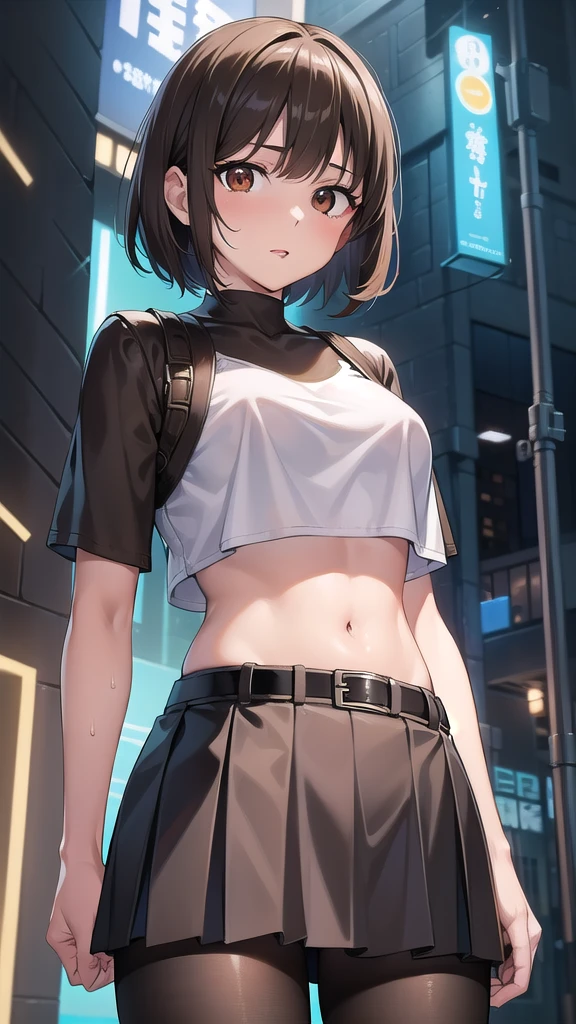 nobarakugisaki, nobara kugisaki, bob cut, (brown eyes:1.7), brown hair, lips, short hair,
BREAK belt, brown belt, brown pantyhose, crop top, crop top overhang,pantyhose, pleated skirt, shirt tucked in, skirt, blue skirt, white crop top,wet top,
BREAK looking at viewer,in street,night,neon lights,cyberpunk,wet road,reflections,
BREAK (masterpiece:1.2), best quality, high resolution, unity 8k wallpaper, (illustration:0.8), (beautiful detailed eyes:1.6), extremely detailed face, perfect lighting, extremely detailed CG, (perfect hands, perfect anatomy),upper body,from below,bend over,nipples see through,