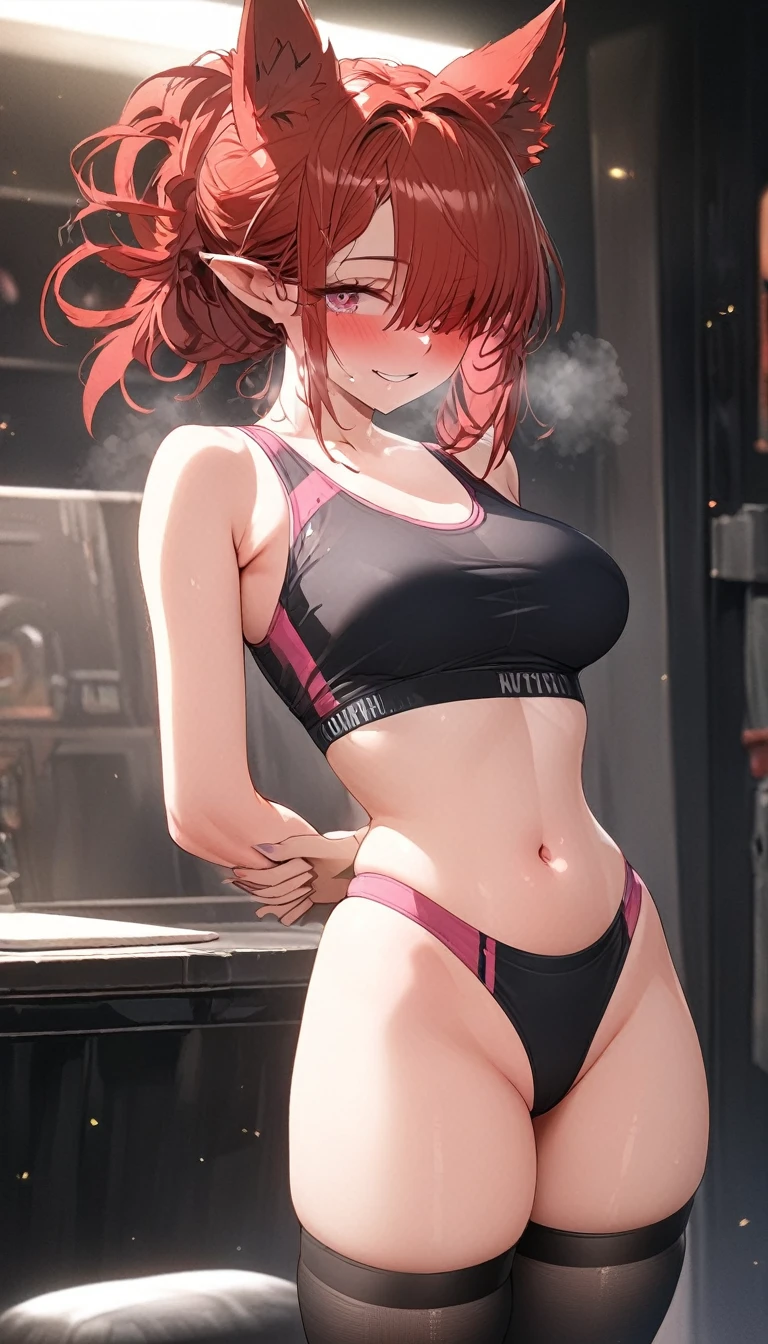 (8k, 4k, Masterpiece, Ultra quality, Ultra detail, HDR, Anime, Brighter colors), (1girl, Kitsune ears, Cherry-red hair, medium hair, Bangs over one eye, Tied hair, Blush, Lustful look, Heart pupils, smiling, heavy breath, breasts, (Sport bra, Highleg panty, thigh-highs), Standing , Hands behind back