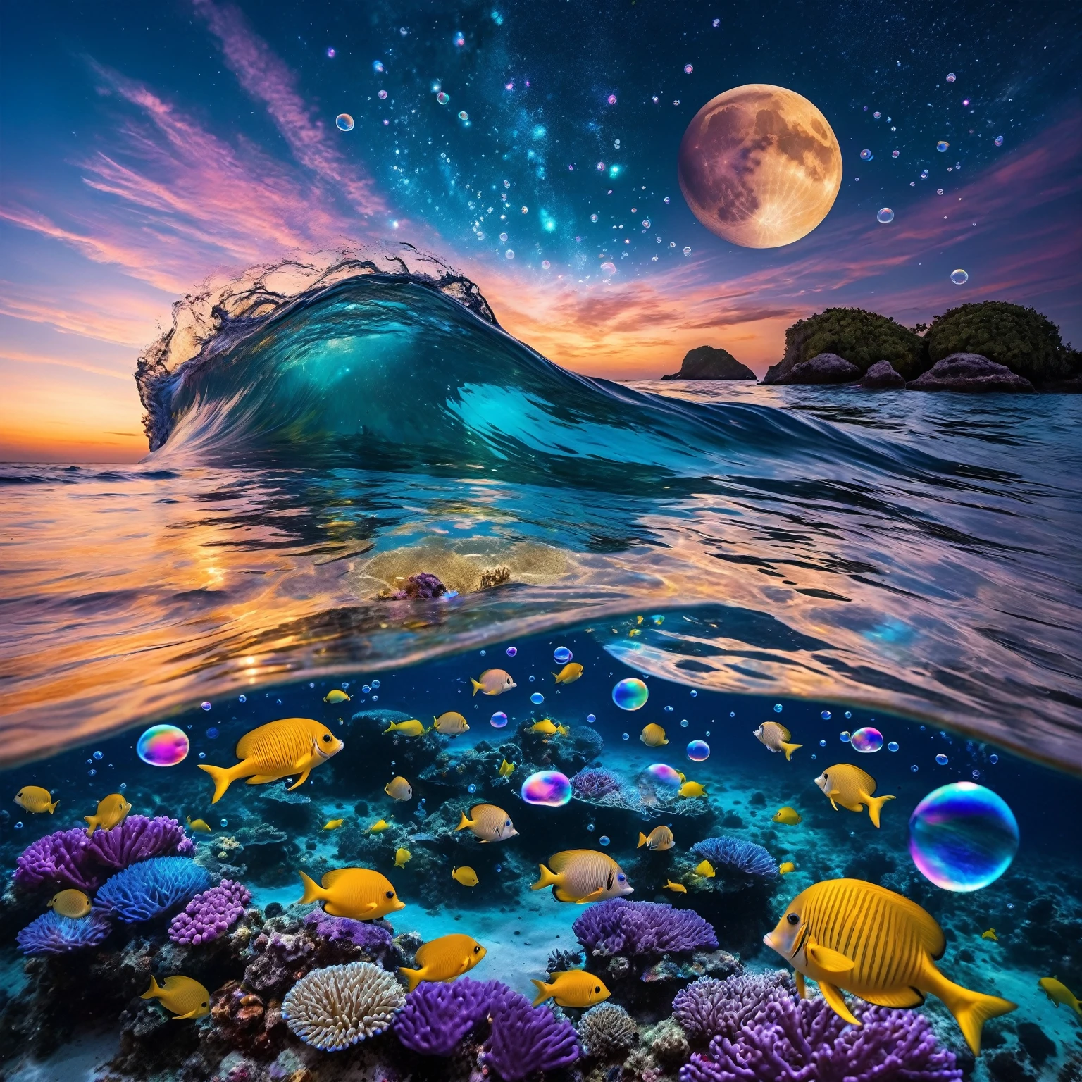 The image depicts a dreamlike and captivating underwater scene, where imagination meets reality. In the foreground, a woman diver detailed explores the depths of a colorful coral reef, surrounded by small bioluminescent creatures that dance around her, leaving behind luminous trails. The tropical fish with pulsating lights and the vibrant corals of all colors enhance the brilliance of this underwater landscape. Bioluminescent orbs float in the water, emitting a soft blue light and creating mystical reflections. As we move towards the water's surface, the composition transforms into a cosmic vision. A powerful wave breaks, revealing within its swirling crests a massive human eye, symbolizing divine observation. Just above this wave, a dolphin leaps gracefully, leaving behind a trail of stardust, connecting the sea and the starry sky. Ethereal bubbles reflecting the cosmic sky float gently around the underwater scene.The sky in the background is a blend of blue, violet, and golden hues, with a luminous moon that appears both near and far. The scene is enveloped in a shimmering mist, giving it an ethereal quality. This fusion of marine and celestial elements creates a surreal and poetic scene, inviting the viewer to dive into a waking dream where the boundaries between worlds blur.