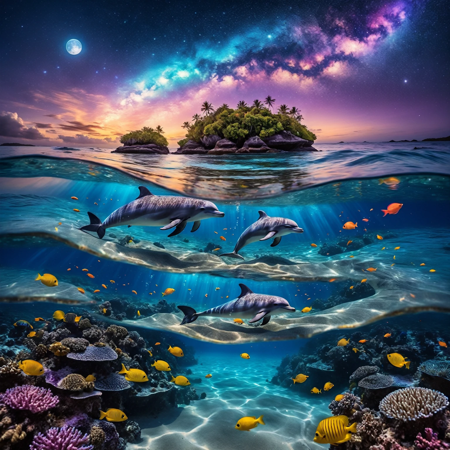 The image depicts a dreamlike and captivating underwater scene, where imagination meets reality. In the foreground, a woman diver detailed explores the depths of a colorful coral reef, surrounded by small bioluminescent creatures that dance around her, leaving behind luminous trails. The tropical fish with pulsating lights and the vibrant corals of all colors enhance the brilliance of this underwater landscape. Bioluminescent orbs float in the water, emitting a soft blue light and creating mystical reflections. As we move towards the water's surface, the composition transforms into a cosmic vision. A powerful wave breaks, revealing within its swirling crests a massive human eye, symbolizing divine observation. Just above this wave, a dolphin leaps gracefully, leaving behind a trail of stardust, connecting the sea and the starry sky. Ethereal bubbles reflecting the cosmic sky float gently around the underwater scene.The sky in the background is a blend of blue, violet, and golden hues, with a luminous moon that appears both near and far. The scene is enveloped in a shimmering mist, giving it an ethereal quality. This fusion of marine and celestial elements creates a surreal and poetic scene, inviting the viewer to dive into a waking dream where the boundaries between worlds blur.