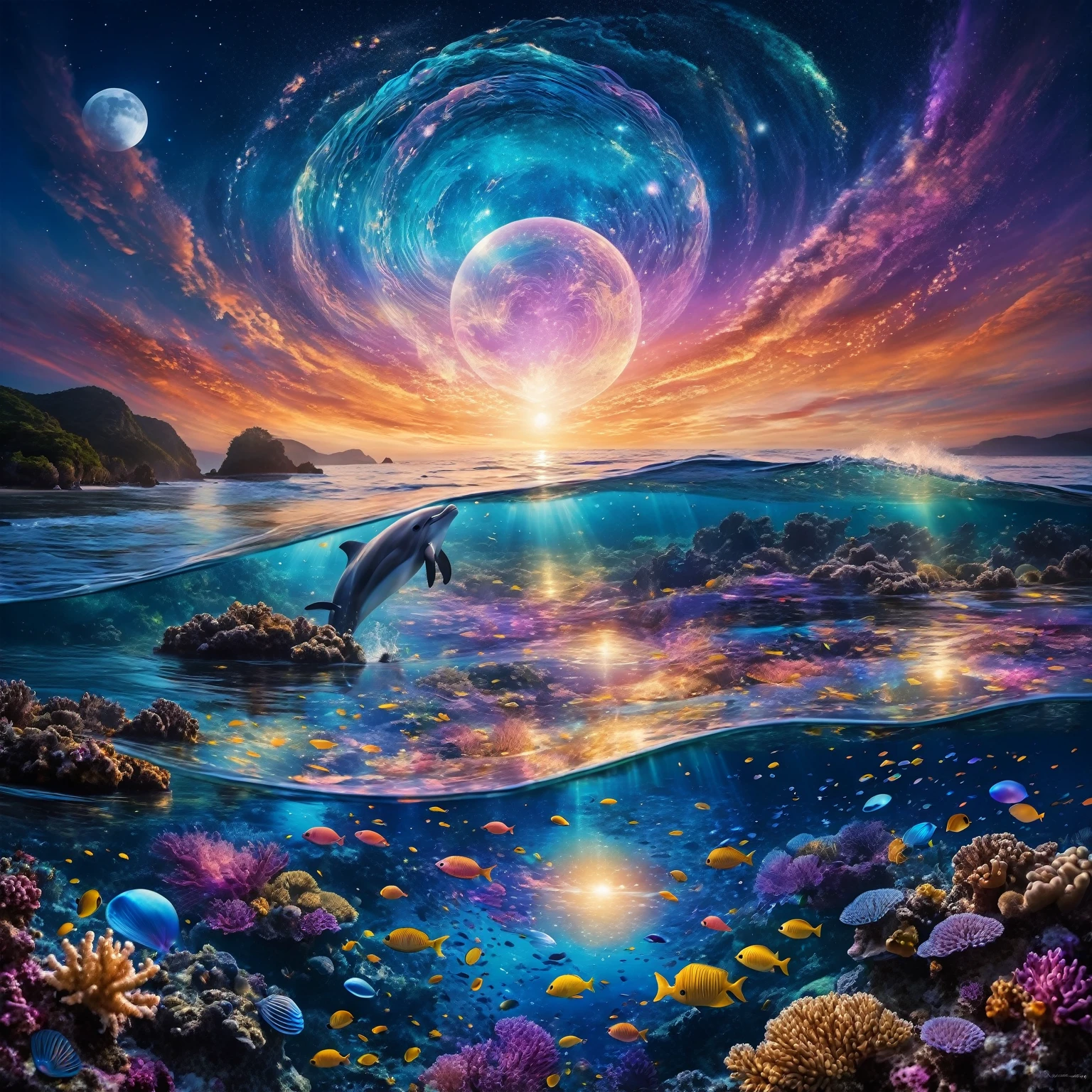 The image depicts a dreamlike and captivating underwater scene, where imagination meets reality. In the foreground, a woman diver detailed explores the depths of a colorful coral reef, surrounded by small bioluminescent creatures that dance around her, leaving behind luminous trails. The tropical fish with pulsating lights and the vibrant corals of all colors enhance the brilliance of this underwater landscape. Bioluminescent orbs float in the water, emitting a soft blue light and creating mystical reflections. As we move towards the water's surface, the composition transforms into a cosmic vision. A powerful wave breaks, revealing within its swirling crests a massive human eye, symbolizing divine observation. Just above this wave, a dolphin leaps gracefully, leaving behind a trail of stardust, connecting the sea and the starry sky. Ethereal bubbles reflecting the cosmic sky float gently around the underwater scene.The sky in the background is a blend of blue, violet, and golden hues, with a luminous moon that appears both near and far. The scene is enveloped in a shimmering mist, giving it an ethereal quality. This fusion of marine and celestial elements creates a surreal and poetic scene, inviting the viewer to dive into a waking dream where the boundaries between worlds blur.