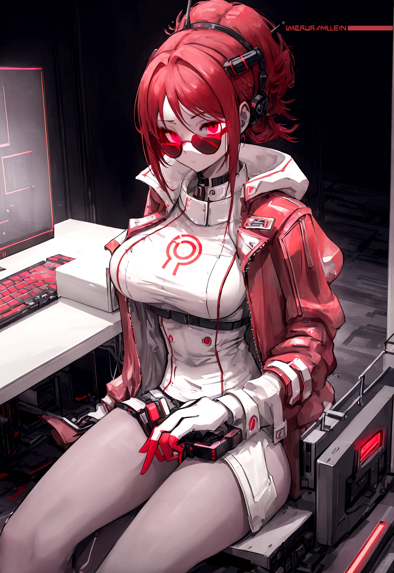 Cyberpunk white girl with red head, hacker sitting at a computer console in an urban hideout. Her look is cool and futuristic, with augmented reality glasses and a high-tech leather jacket. The room is filled with screens and cables, and there is a neon glow illuminating her face as she works on a secret mission.”
