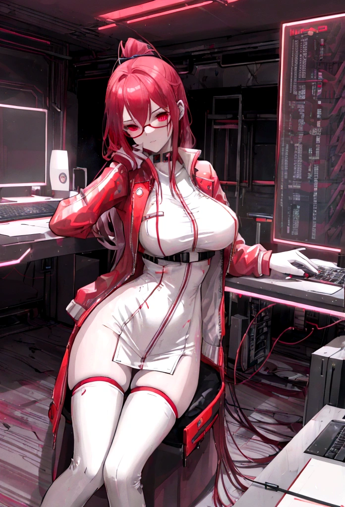 ((1 cyborg woman)),((huge breasts)),((biomechanical legs, legs open legs)),((bare breasts, naked pussy, completely naked)),((red hair with a short white stripe with a tail horse, green eyes)),((lying on a gray futoristic operating table)),((opening her pussy with both hands)),((rubber penis in her pussy, erect penis)), flushed face,(( facing the spectator)),