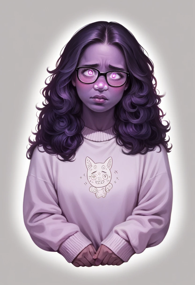 a cute  girl with huge light hair, giant hair, short stature, neckline complete, blushing look, embarrassed expression, wearing a sweater, dark purple skin, (best quality,4k,8k,highres,masterpiece:1.2),ultra-detailed,(realistic,photorealistic,photo-realistic:1.37),highly detailed face, detailed eyes, detailed nose, detailed lips, gorgeous detailed portrait, soft pastel colors, warm lighting, glowing ski, glasses