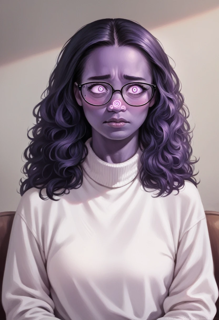 a cute  girl with huge light hair, giant hair, short stature, neckline complete, blushing look, embarrassed expression, wearing a sweater, dark purple skin, (best quality,4k,8k,highres,masterpiece:1.2),ultra-detailed,(realistic,photorealistic,photo-realistic:1.37),highly detailed face, detailed eyes, detailed nose, detailed lips, gorgeous detailed portrait, soft pastel colors, warm lighting, glowing ski, glasses