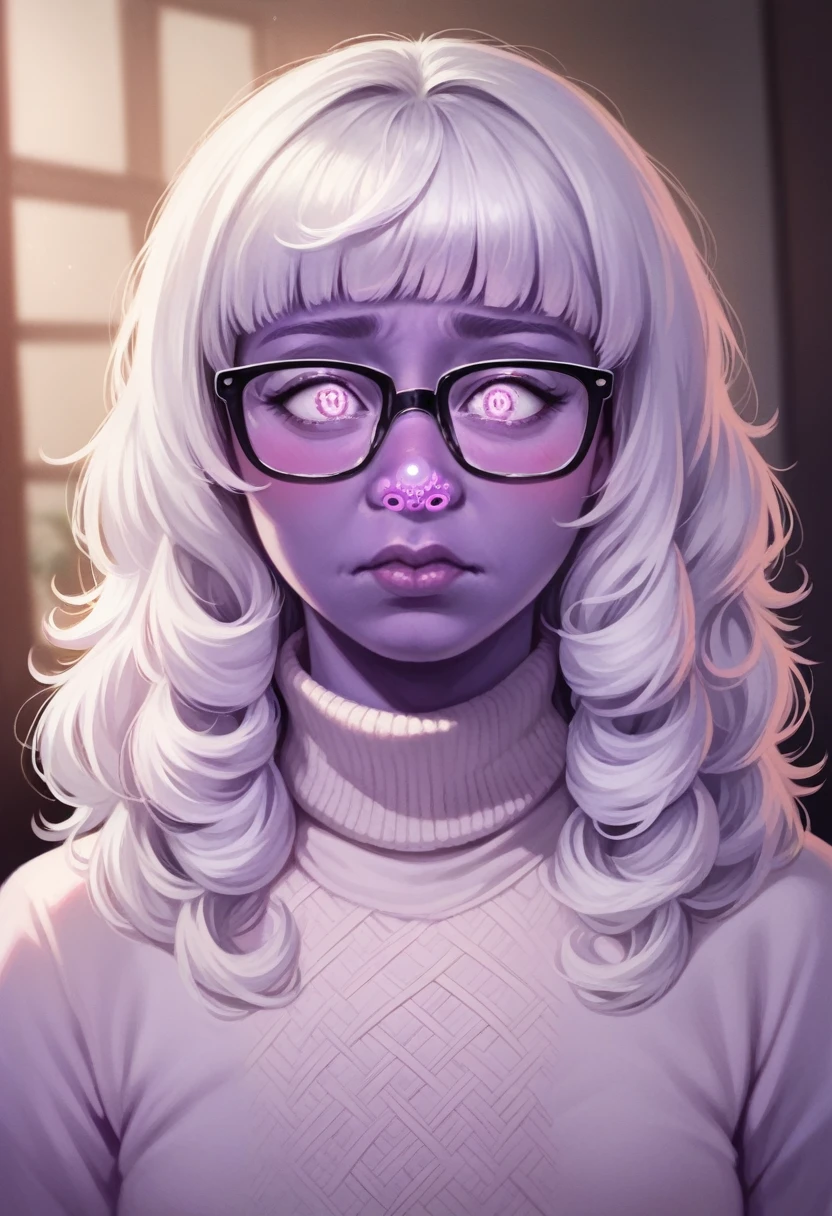 a cute  girl with huge light hair, giant hair, short stature, neckline complete, blushing look, embarrassed expression, wearing a sweater, dark purple skin, (best quality,4k,8k,highres,masterpiece:1.2),ultra-detailed,(realistic,photorealistic,photo-realistic:1.37),highly detailed face, detailed eyes, detailed nose, detailed lips, gorgeous detailed portrait, soft pastel colors, warm lighting, glowing ski, glasses