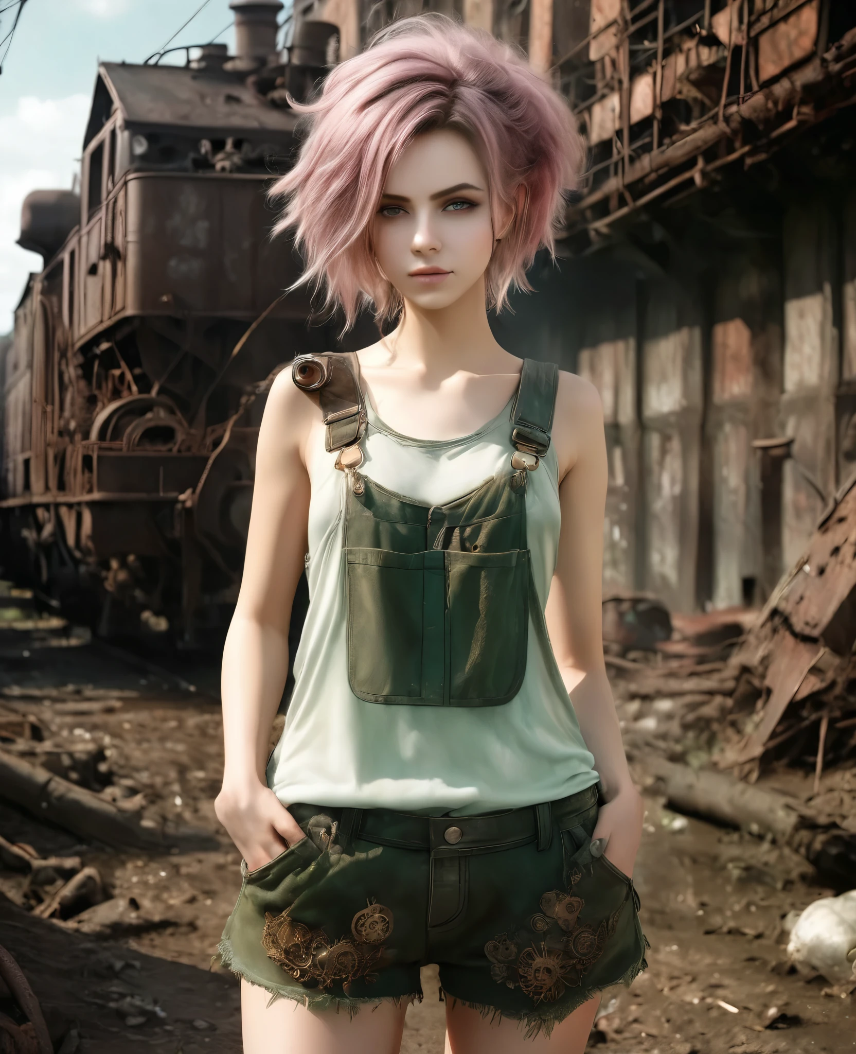 (((high resolution))), (((extremely detailed))), ((masterpiece)), dramatic shadows, depth of field, analog photo style, (world in which are collide steampunk and postapocalyptic vibes), postapocalyptic cute female in steampunk torn dirty clothes, looks like Aerith Gainsborough, depth of field, full body shot, unzoomed, (perfect body: 1.4), (sidecut short hairstyle), (stalking is quite common, although not the best way to make a living), looks interested, stylized atmosphere of unreality, dark aesthetic, dynamic pose, in motion, Armageddon, increase cinematic lighting, highly lifelike skin texture, parted lips, weary eyes, fine eyes, whitened skin, random hair colour, doomsday aura,