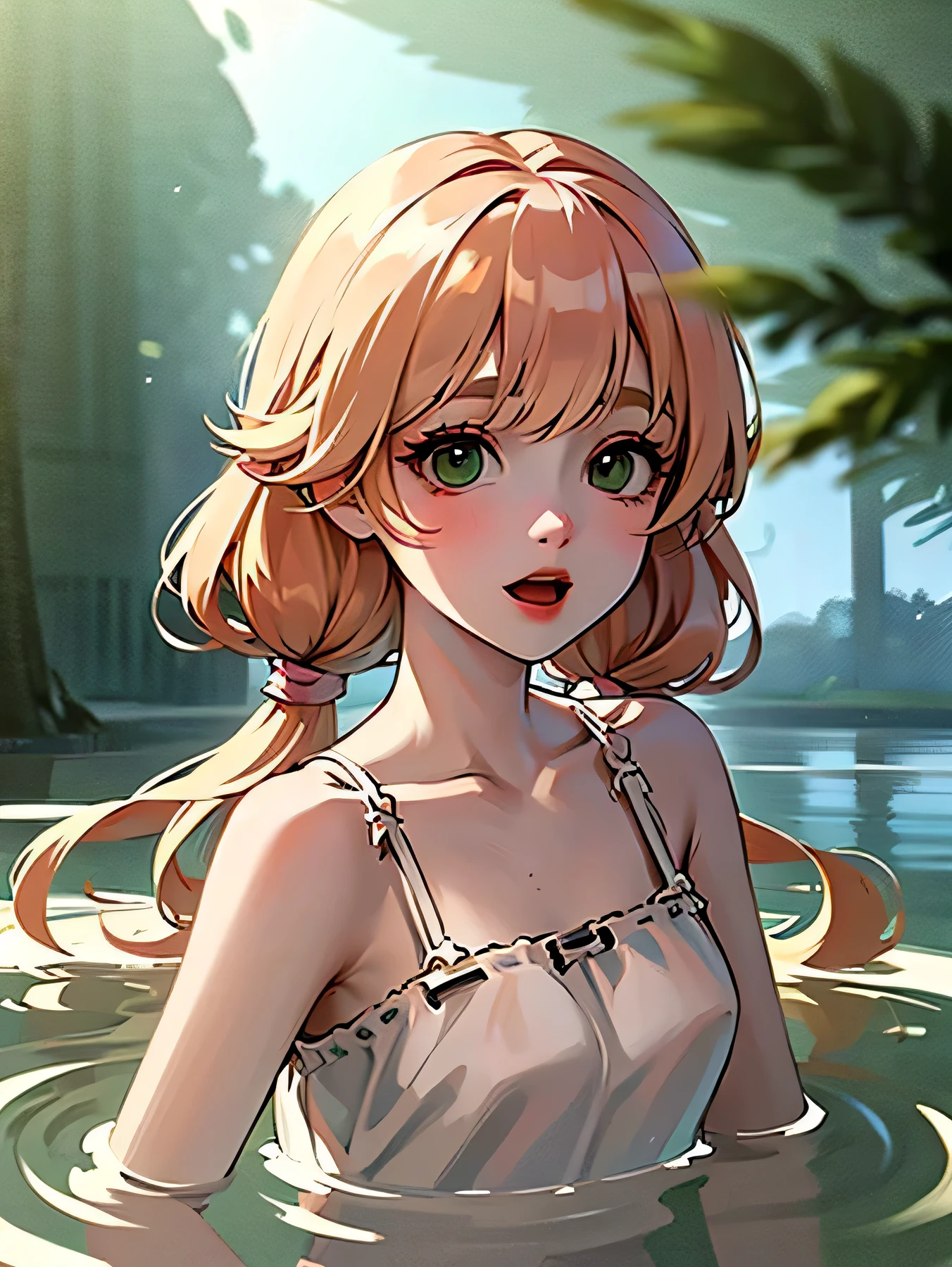 (high quality) (best quality) (a woman) (correct physiognomy) (perfect students) (perfect eyes) anime woman, long fluffy deep orange hair, green eyes, sensitive lips, feminine appearance, soft facial features, eyebrows thin, soft skin, rosy cheeks, pink lips, silky eyelashes, dreamy expression, middle age, in a pond of water in the middle of nature, cute anime animation style, photo illuminated by sunlight,