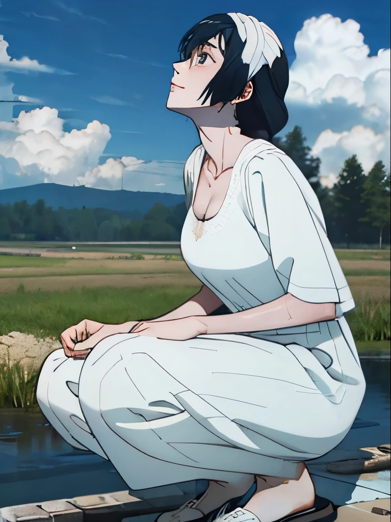 masterpiece, Highest quality, High Definition, High Resolution, single, alone, blue sky、Cumulonimbus、profile、Long Hair、Black Hair、Straw hat、Large Breasts、White Dress、Cleavage, Sweaty, drenched, Drops running down my feet, The lower half of the body got wet, Wet hips, Extra inseam, Three-dimensional feeling of body parts, Realistic skin texture, squat, White skin, Drizzling