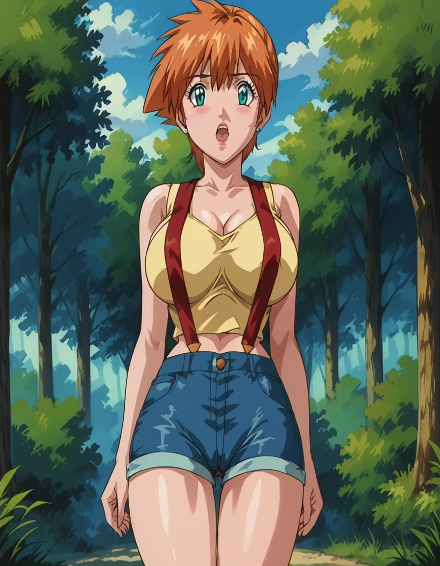 score_9, score_8_up, source_anime Bibl3, busty bimbo, shortstack, misty \(pokemon\), orange hair, huge breasts, bouncy breasts, breast expansion, pokies, wide hips, viewed from front, standing in field, pouty, raised eyebrows, blushing, looking at viewer, open mouth, thick lips, yellow tank top, red suspenders, denim shorts, cameltoe, full lips, vivid lips, detailed eyes, detailed face, cute girl, forest, morning