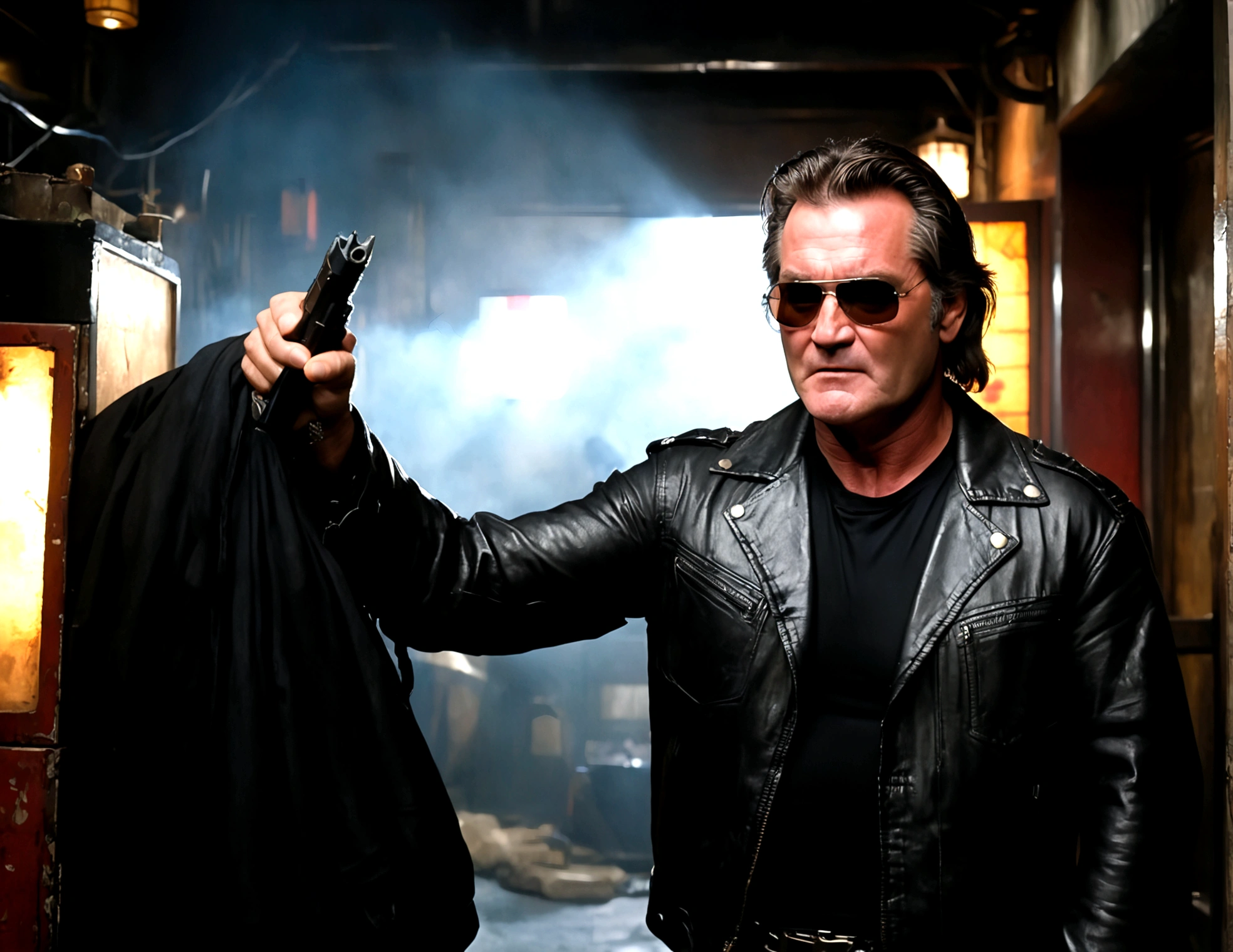 (a man (Kurt Russell 1986) in a leather jacket with sunglasses, angry facial expression (Big Trouble in Little China movies Jack Burton)), gesturing angrily arguing with (Steven Seagal as DC comics Batman), underground lair with high-tech equipment, dark moody lighting, dramatic composition, cinematic, (best quality,8k,highres,masterpiece:1.2),ultra-detailed,(realistic,photorealistic,photo-realistic:1.37),cinematic lighting,dramatic lighting,moody lighting,dark atmosphere,gritty,industrial,cyberpunk