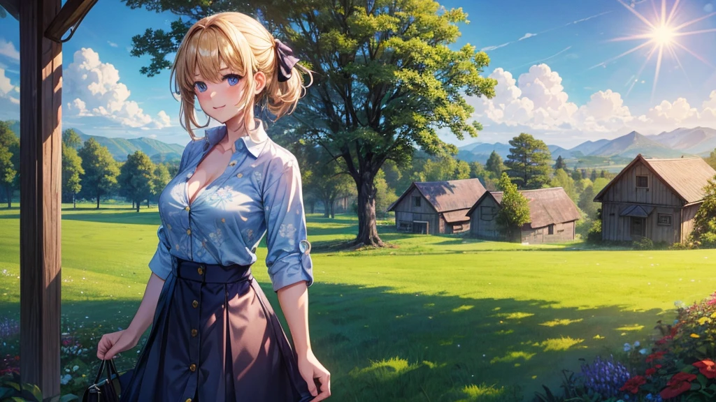1girl, solo, summer, village, trees, sun, clouds, chestnut hair, side ponytail, large breasts, ((popping shirt buttons)), button down, unbuttoning buttons, dark blue eyes, ((dark blue shirt)), ((unbuttoned shirt)), ((short sleeved shirt)), cleavage 1:3, black skirt, brown shoes, grin, looking at the viewer, standing, hair ribbon, golden necklate