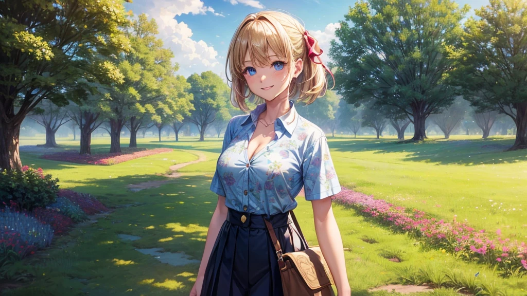 1girl, solo, full body, rural landscape, village, trees, sun, clouds, fantasy, large breasts, button down shirt, ((floral pattern shirt)), ((short sleeved shirt)), ((unbuttoned shirt)), unbuttoning buttons, cleavage 1:3, blue eyes, dark skirt, smile, looking at the viewer, standing, hair ribbon, golden necklate