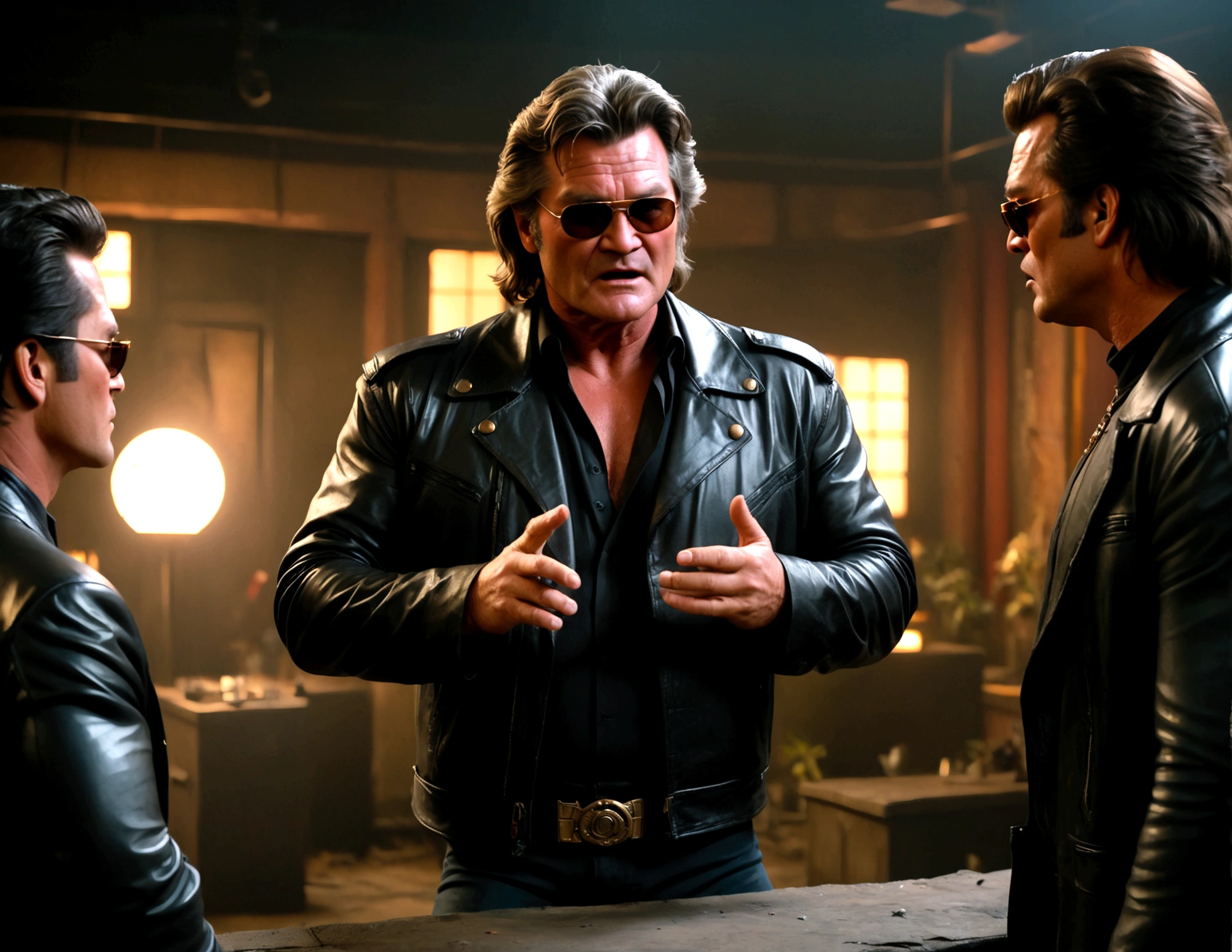 (a man (Kurt Russell 1986) in a leather jacket with sunglasses, angry facial expression (Big Trouble in Little China movies Jack Burton)), gesturing angrily arguing with (Steven Seagal as DC comics Batman), underground lair with high-tech equipment, dark moody lighting, dramatic composition, cinematic, (best quality,8k,highres,masterpiece:1.2),ultra-detailed,(realistic,photorealistic,photo-realistic:1.37),cinematic lighting,dramatic lighting,moody lighting,dark atmosphere,gritty,industrial,cyberpunk
