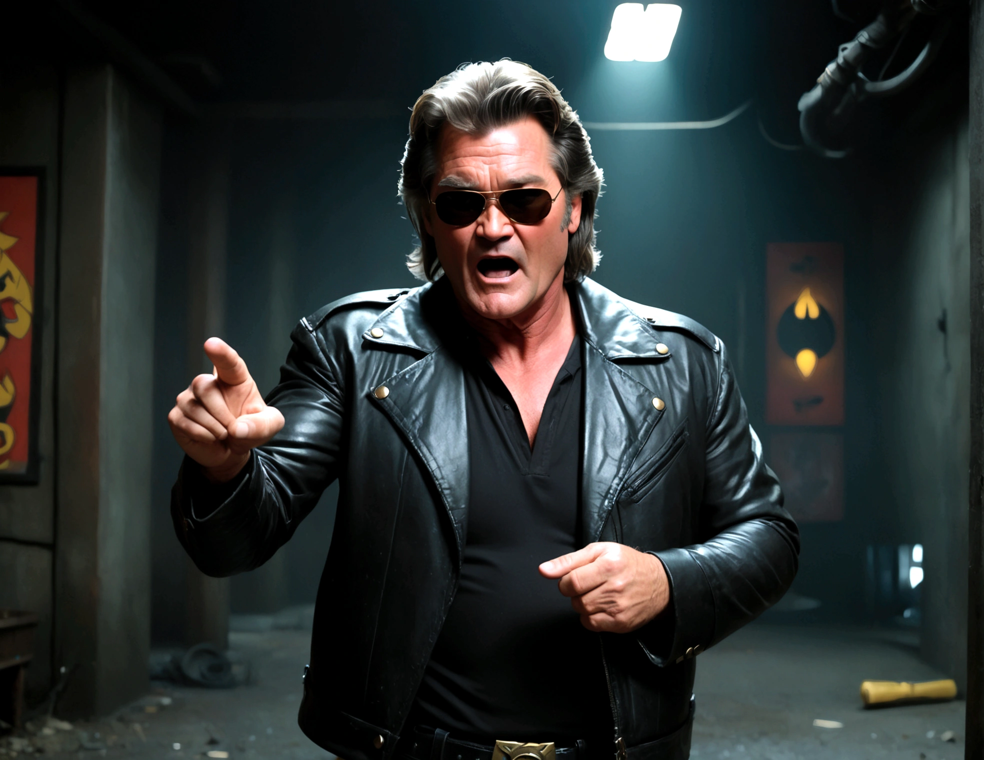 (a man (Kurt Russell 1986) in a leather jacket with sunglasses, angry facial expression (Big Trouble in Little China movies Jack Burton)), gesturing angrily arguing with (Steven Seagal as DC comics Batman), underground lair with high-tech equipment, dark moody lighting, dramatic composition, cinematic, (best quality,8k,highres,masterpiece:1.2),ultra-detailed,(realistic,photorealistic,photo-realistic:1.37),cinematic lighting,dramatic lighting,moody lighting,dark atmosphere,gritty,industrial,cyberpunk