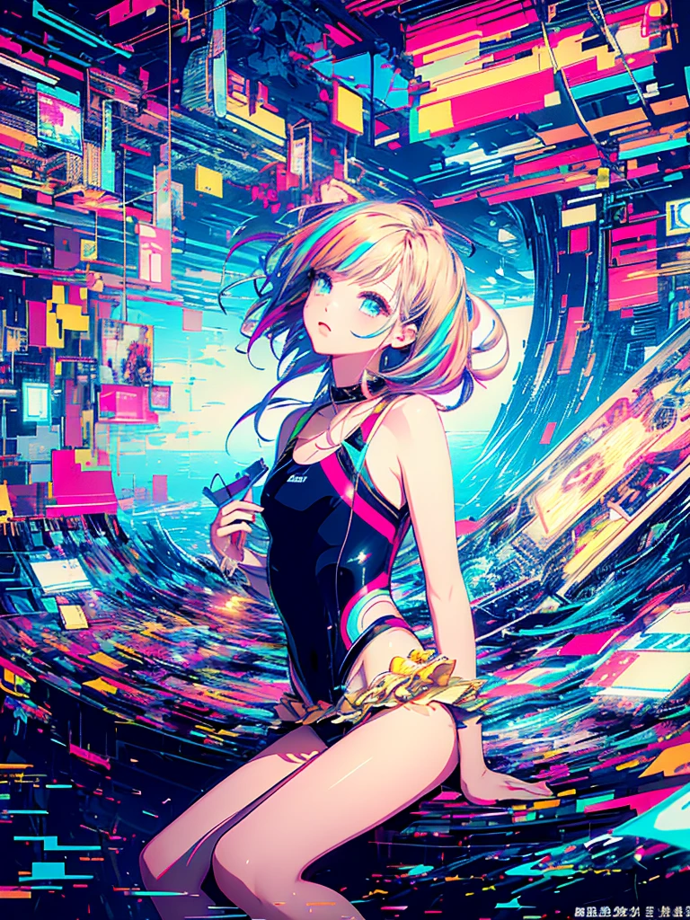 (masterpiece、Highest quality、Highest quality、Official Art、beautifully、beautiful:1.2、(One Girl:1.3)、Glitch Art、(Digital Distortion)、Pixelated Fragments、Data Corruption、Colorful Noise、visual confusion、Contemporary aesthetics、Runaway Light and Electricity、Atmospheric swimsuit、vapor、cigarette、A whirlpool of chaos and madness