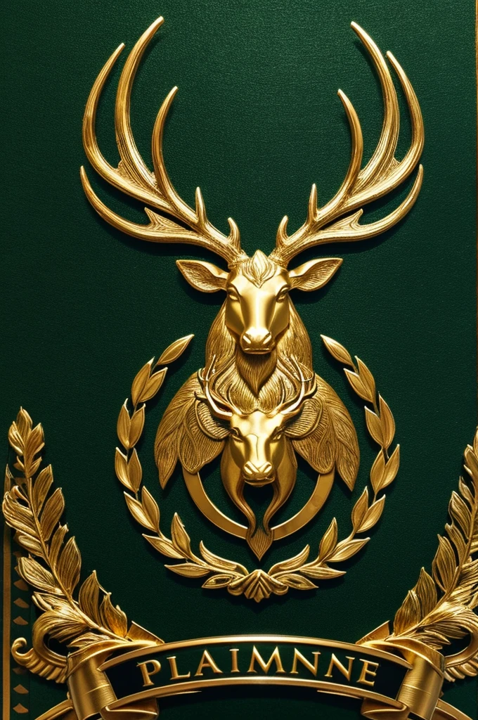 A luminous golden deer stands as the central figure in a clan logo, set against a verdant green background and accompanied by the text "The Last Human" below. This emblem represents the paramount alliance of the clan. The majestic deer shines with a radiant golden hue, its antlers branching gracefully towards the sky. The intricate details of the logo suggest a painting of exquisite quality, with the colors rich and vibrant and the overall composition striking and impactful. This emblem exudes a sense of grandeur and power, capturing the essence of unity and strength within the clan it represents.