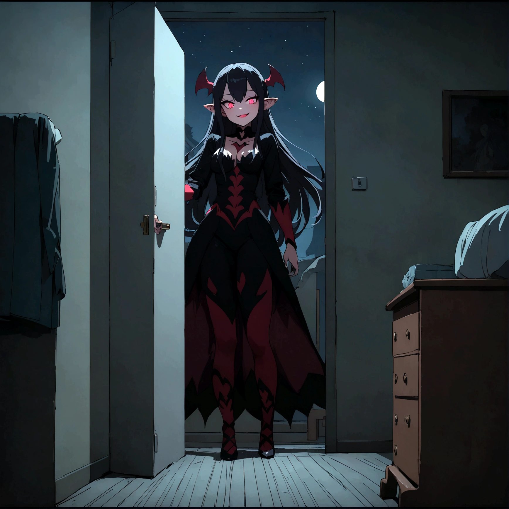 anime beautiful demon women, shark teeth, long hair, night, (standing in the corner of someone's room), eyes, wicked smile, detailes, 4k, dark room, full body