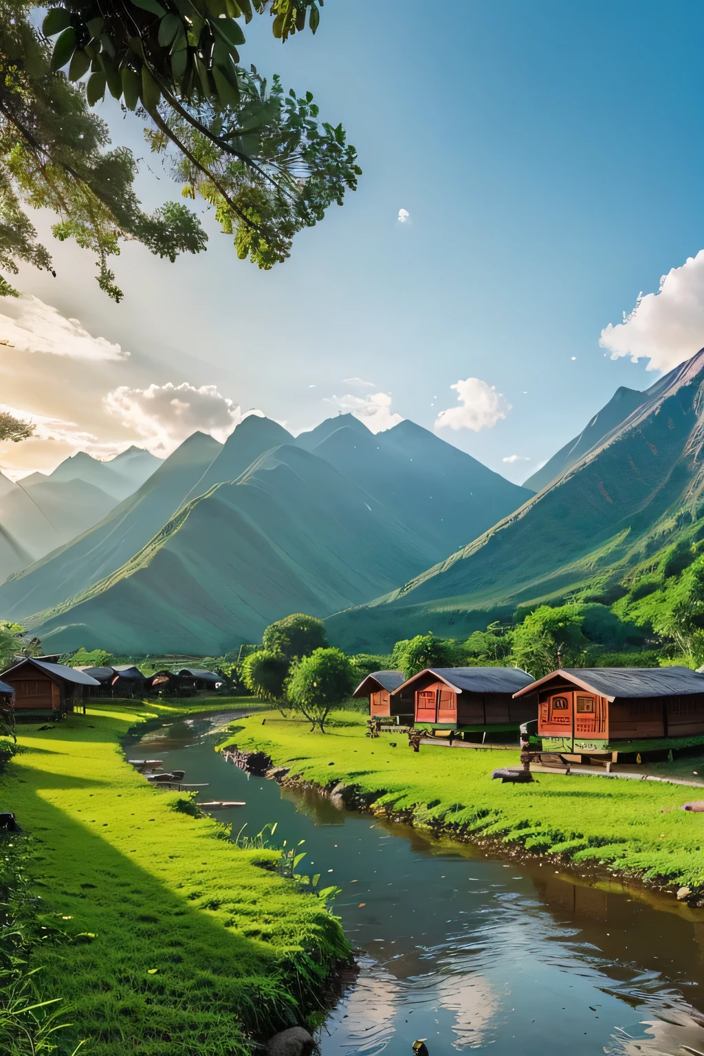 Tittalapalem Village Landscape: A picturesque view of Tittalapalem, with lush green fields, a serene riverbank, and traditional village huts under the vibrant hues of spring.