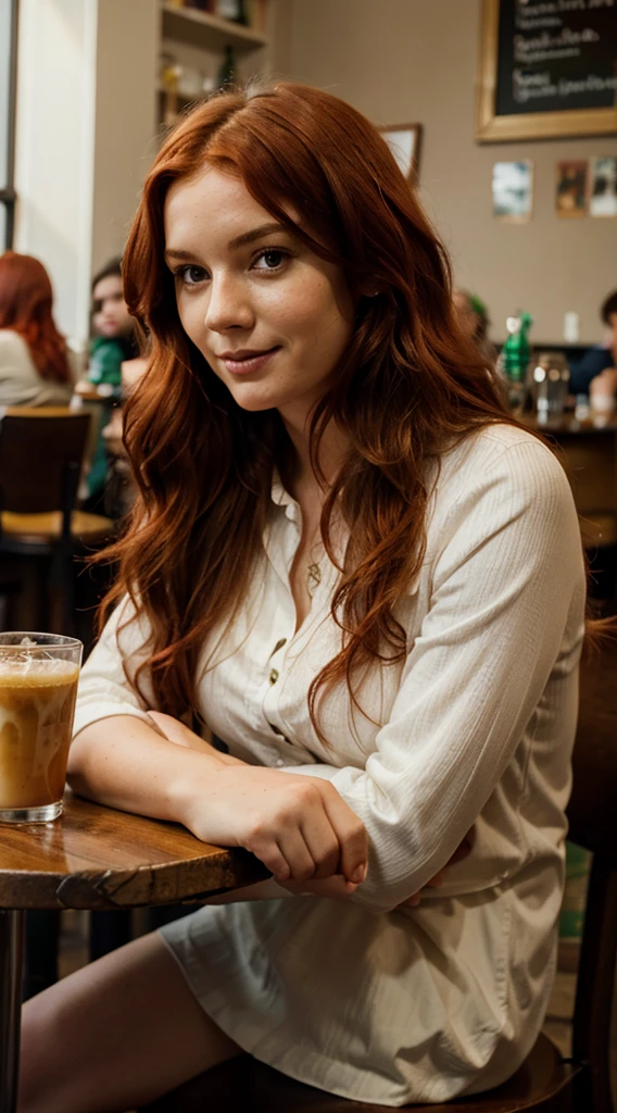 Irish woman, pretty wavy red hair, in a cafe sitting at a table