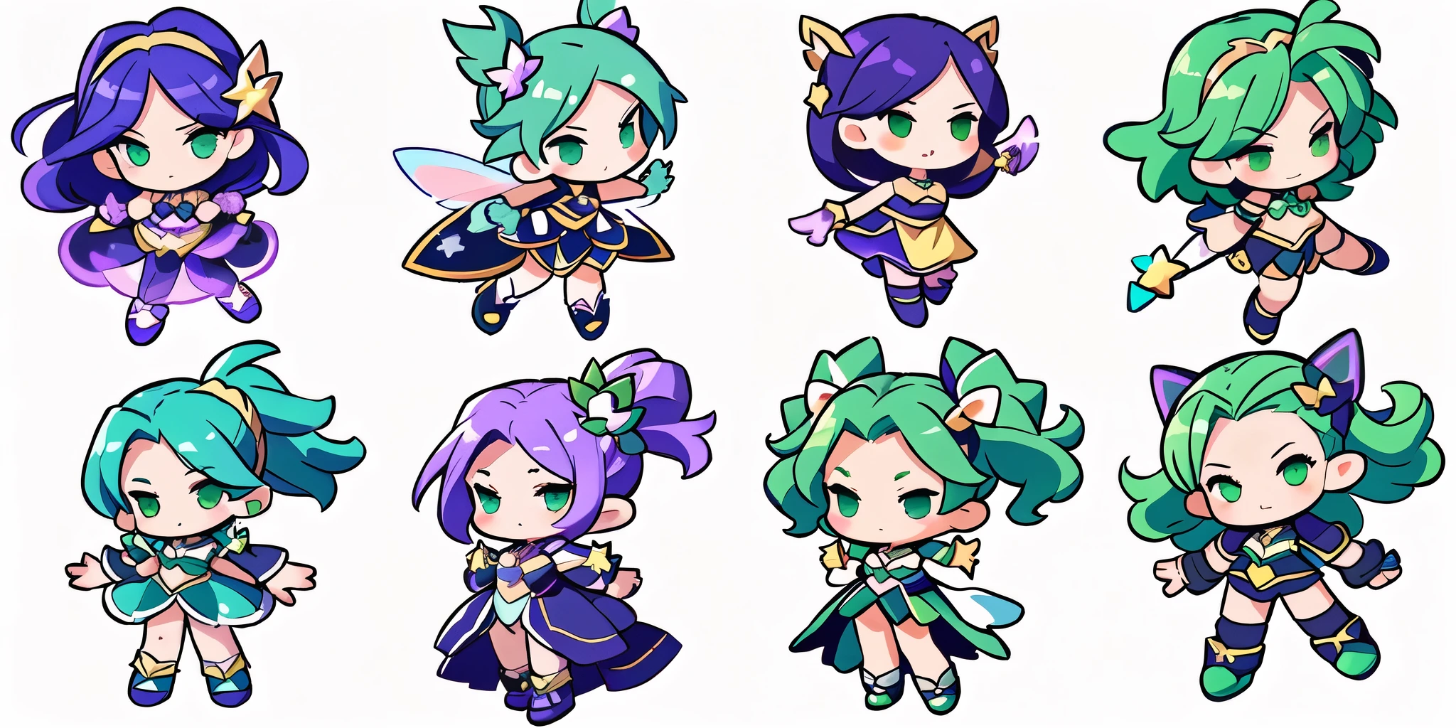 a close up of a cartoon character with different poses, spritesheet, sprite sheet, with familiar sprites, sprites, fairy girl, morgana, default pose neutral expression, twirling, sprite 2 d, shady, green fairy, smol, multiple poses, cute chibi, kawaii