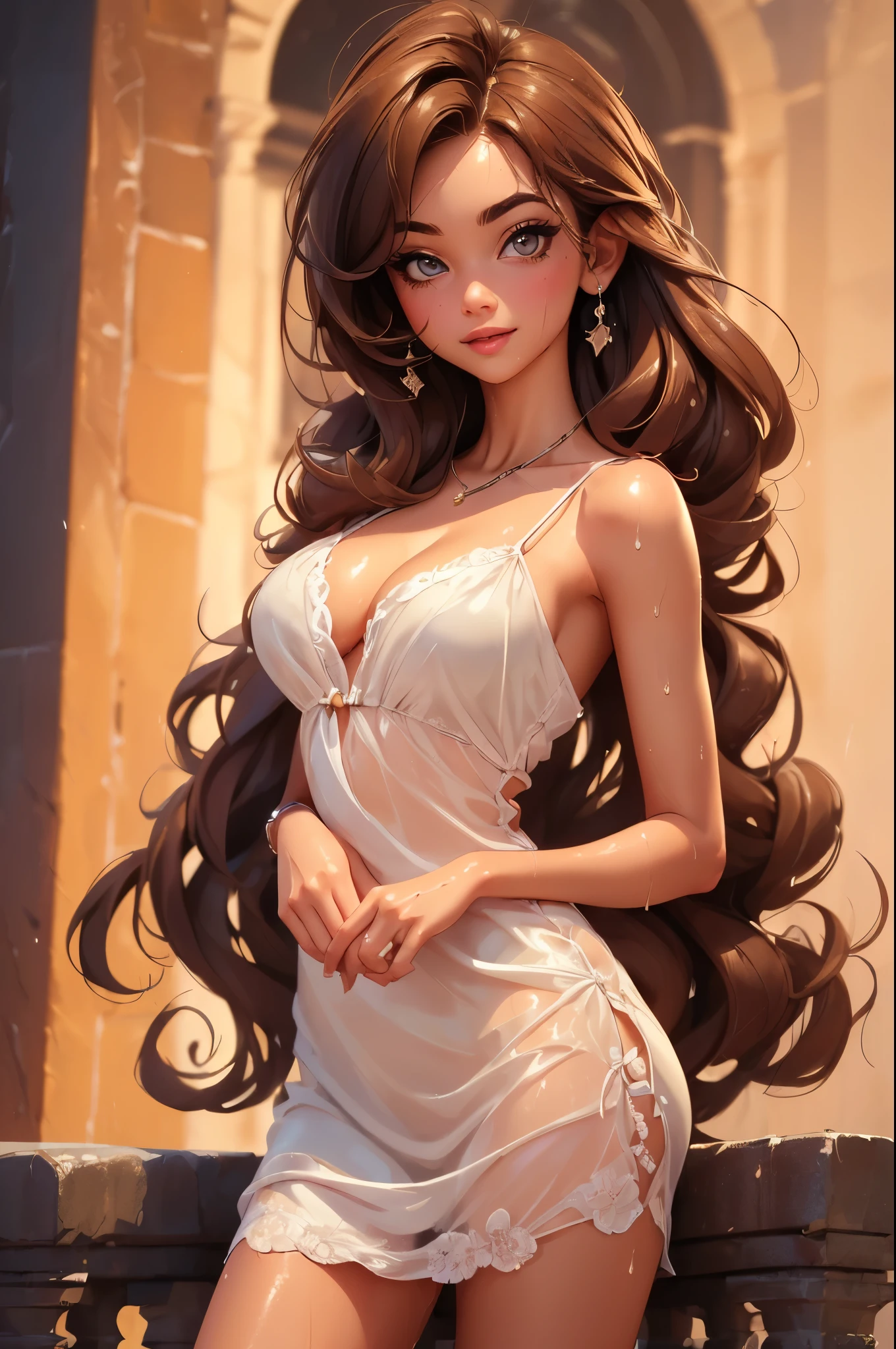 (Top Quality, Masterpiece: 1.3), Girls: 1, Sexy: 1.5, Bob Hair, Brown Hair: 1.3, (Wet Body: 1.2), Nightgown, Beautiful, Cleavage, Ultra Detailed Face, Detailed Lips, Detailed Eyes, Double Eyelids, Sexy, Smile, Beautiful Legs