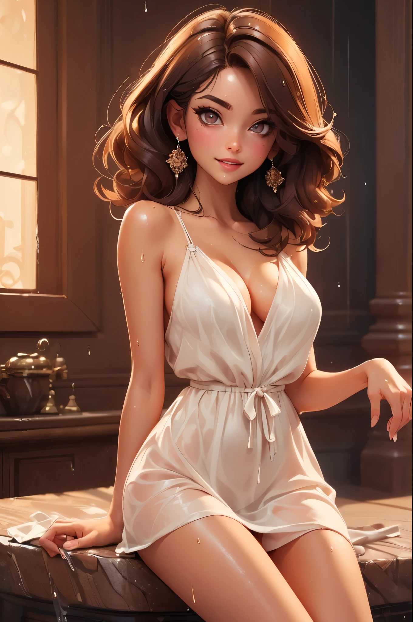 (Top Quality, Masterpiece: 1.3), Girls: 1, Sexy: 1.5, Bob Hair, Brown Hair: 1.3, (Wet Body: 1.2), Nightgown, Beautiful, Cleavage, Ultra Detailed Face, Detailed Lips, Detailed Eyes, Double Eyelids, Sexy, Smile, Beautiful Legs