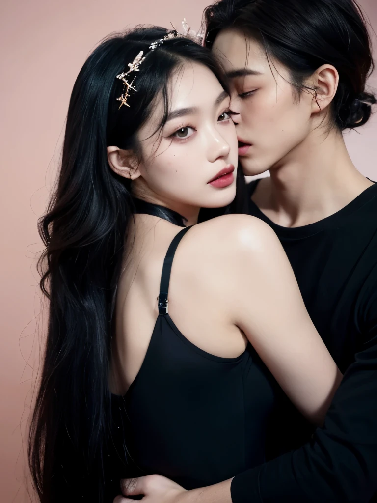 Kim Jennie with dark black hair, with curlers at the ends of dark black hair, with a star clip in her dark black hair, light colored eyes, pretty eyes, crying eyes, pretty, upturned nose, Pretty lips, pink lips, heart and cupid shaped lip, pretty skin, pale, White skin, with moles and freckles all over his face, soft pink blush on the cheeks, natural pink blush, dark and gothic makeup, Gothic Jennie, while she is with a cute boy by her side, with a cute asian boy standing next to her, while there is a man&#39;s torso, while the man&#39;His hand is on his jaw.., beautiful man&#39;s hands, with a gothic boy, nice collars, marked collar, frown, angry look, with a kiss necklace, a pretty kiss necklace, while her nipples are noticeable (big breasts, soft breasts, nice breasts, natural breasts), with a white dress, short and transparent dress, visible on the nipple, with a boy by his side, with her boyfriend, looking to the camera, autophoto